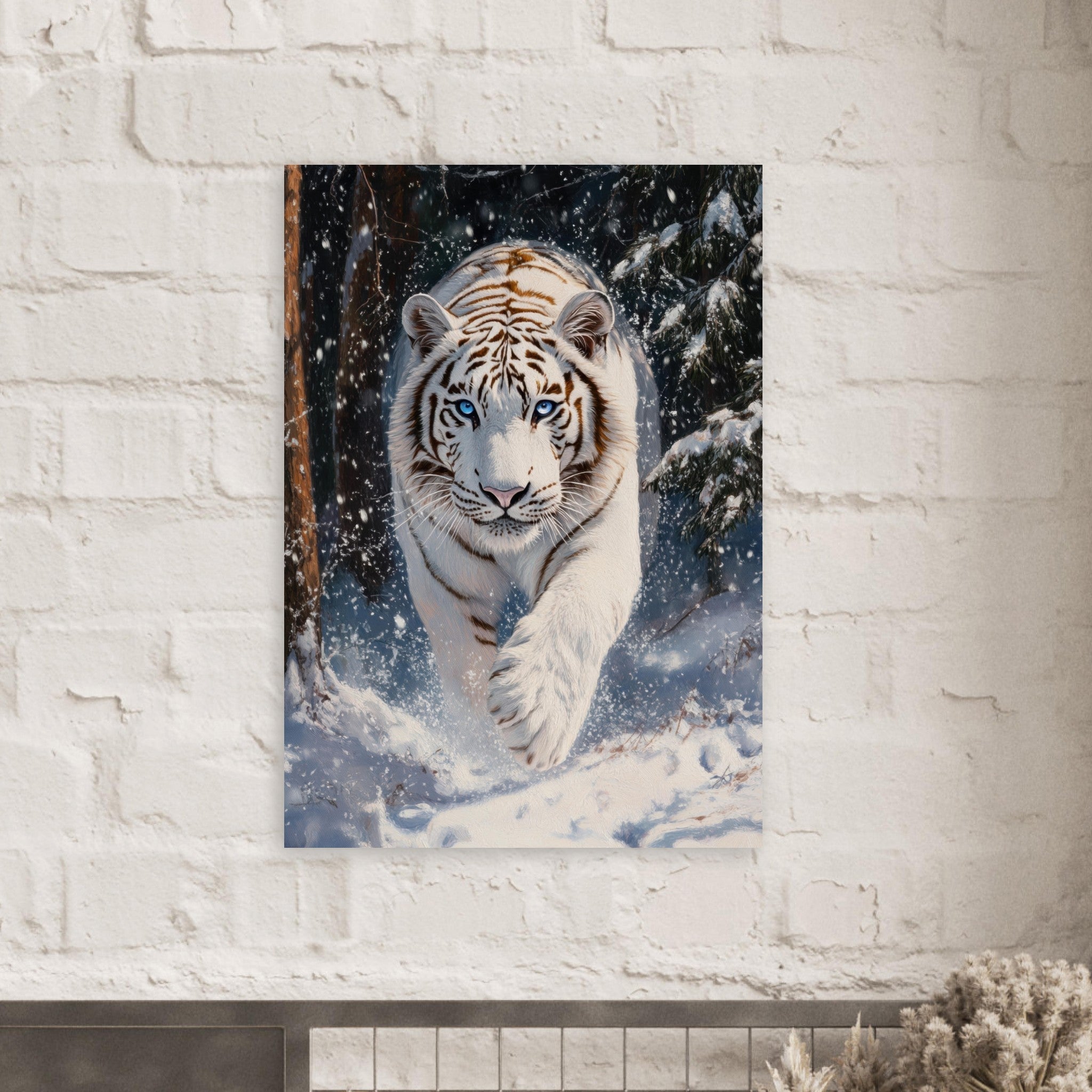Aluminum Print Portrait - Majestic White Tiger in a Snowy Forest A powerful 3 - Shop Ai Art WebShop - Digital Art online Store