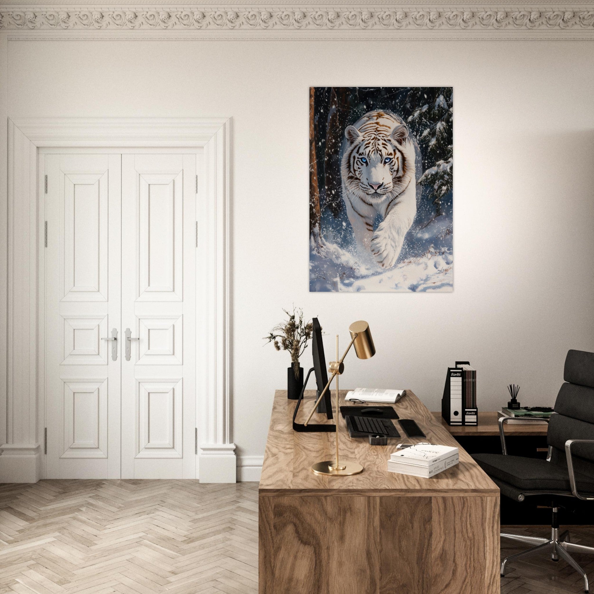 Aluminum Print Portrait - Majestic White Tiger in a Snowy Forest A powerful 3 - Shop Ai Art WebShop - Digital Art online Store