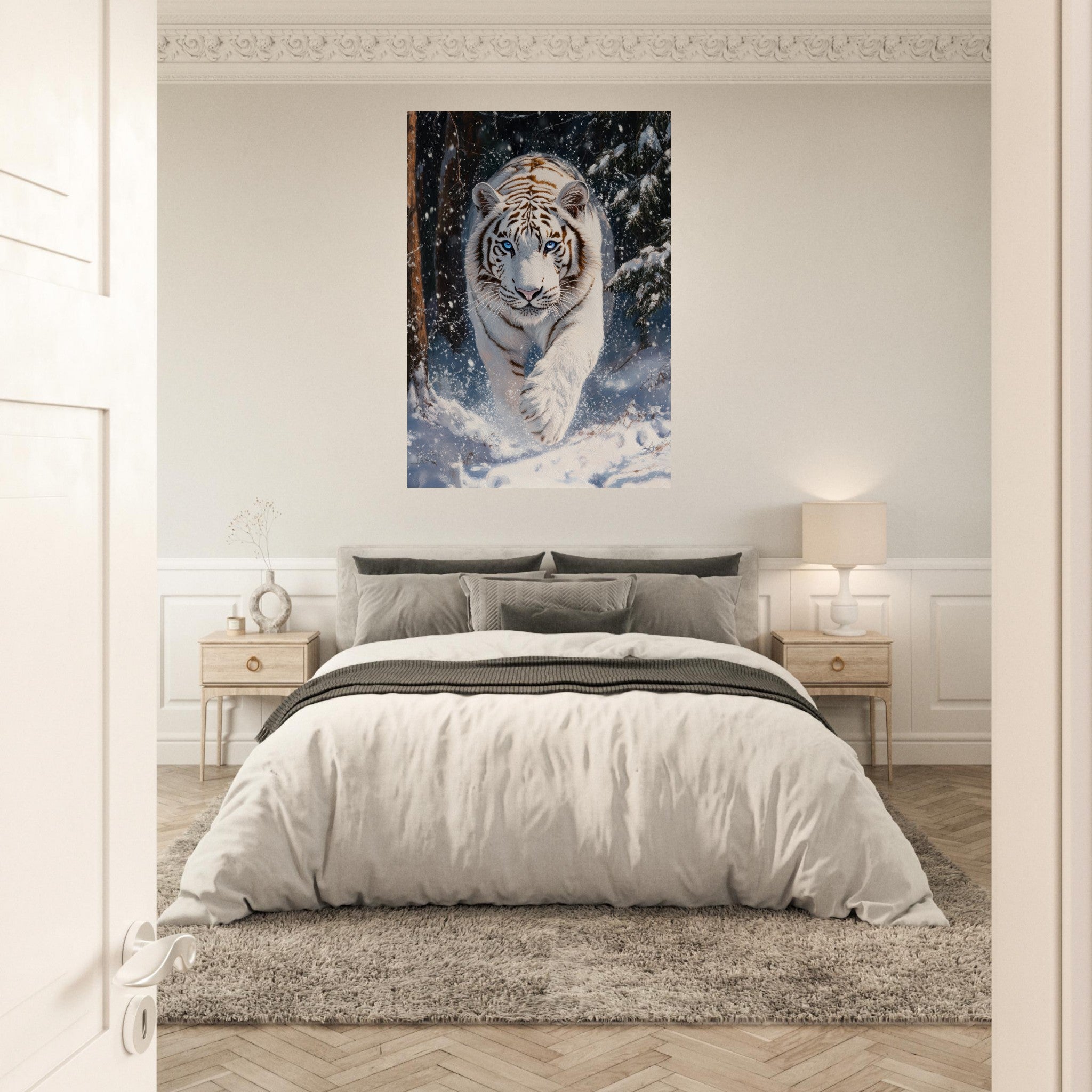 Aluminum Print Portrait - Majestic White Tiger in a Snowy Forest A powerful 3 - Shop Ai Art WebShop - Digital Art online Store