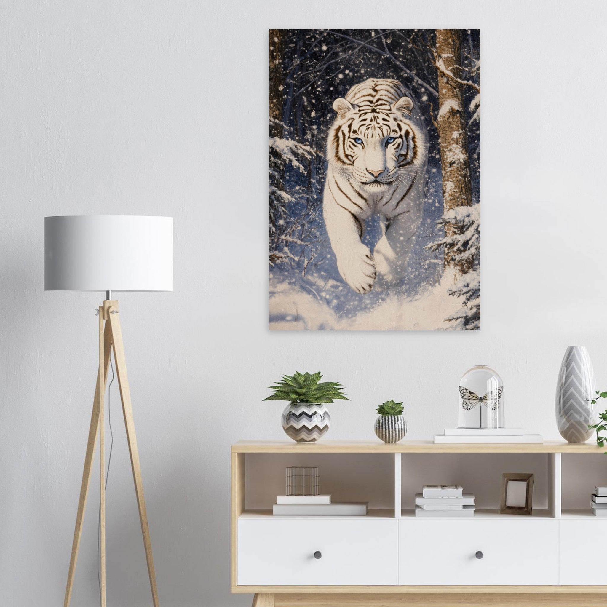 Aluminum Print Portrait - Majestic White Tiger in a Snowy Forest A powerful - Shop Ai Art WebShop - Digital Art online Store