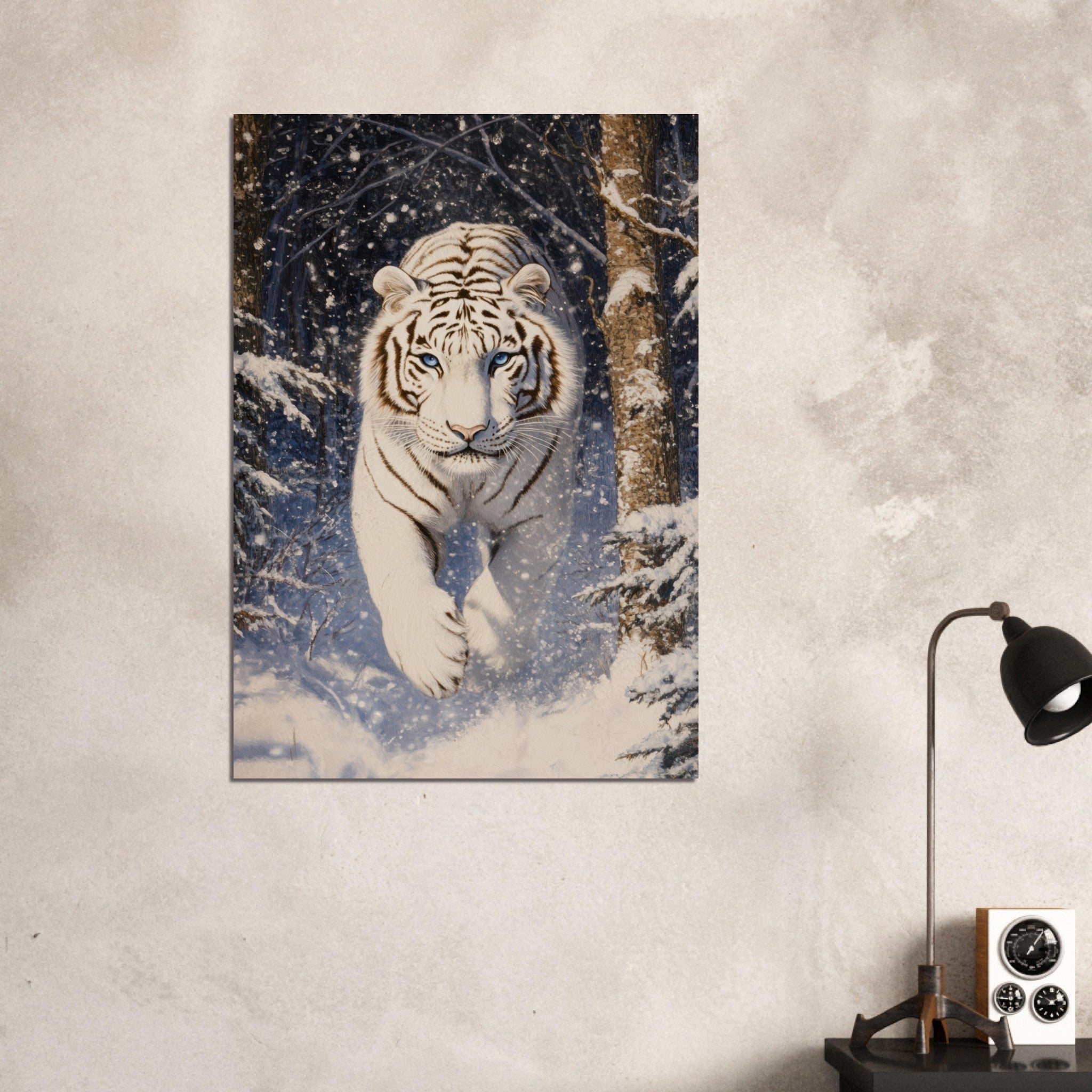 Aluminum Print Portrait - Majestic White Tiger in a Snowy Forest A powerful - Shop Ai Art WebShop - Digital Art online Store