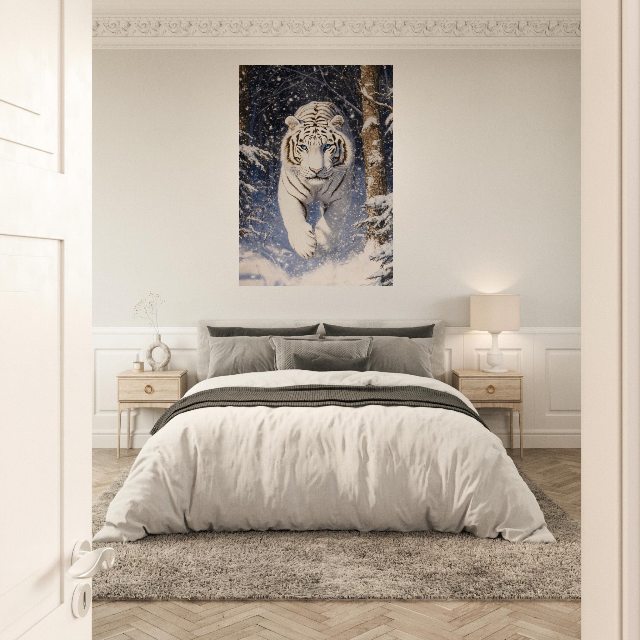 Aluminum Print Portrait - Majestic White Tiger in a Snowy Forest A powerful - Shop Ai Art WebShop - Digital Art online Store