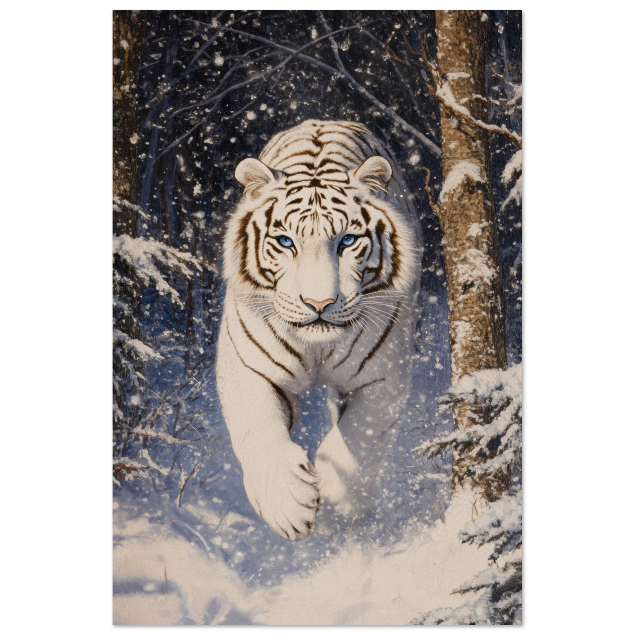 Aluminum Print Portrait - Majestic White Tiger in a Snowy Forest A powerful - Shop Ai Art WebShop - Digital Art online Store