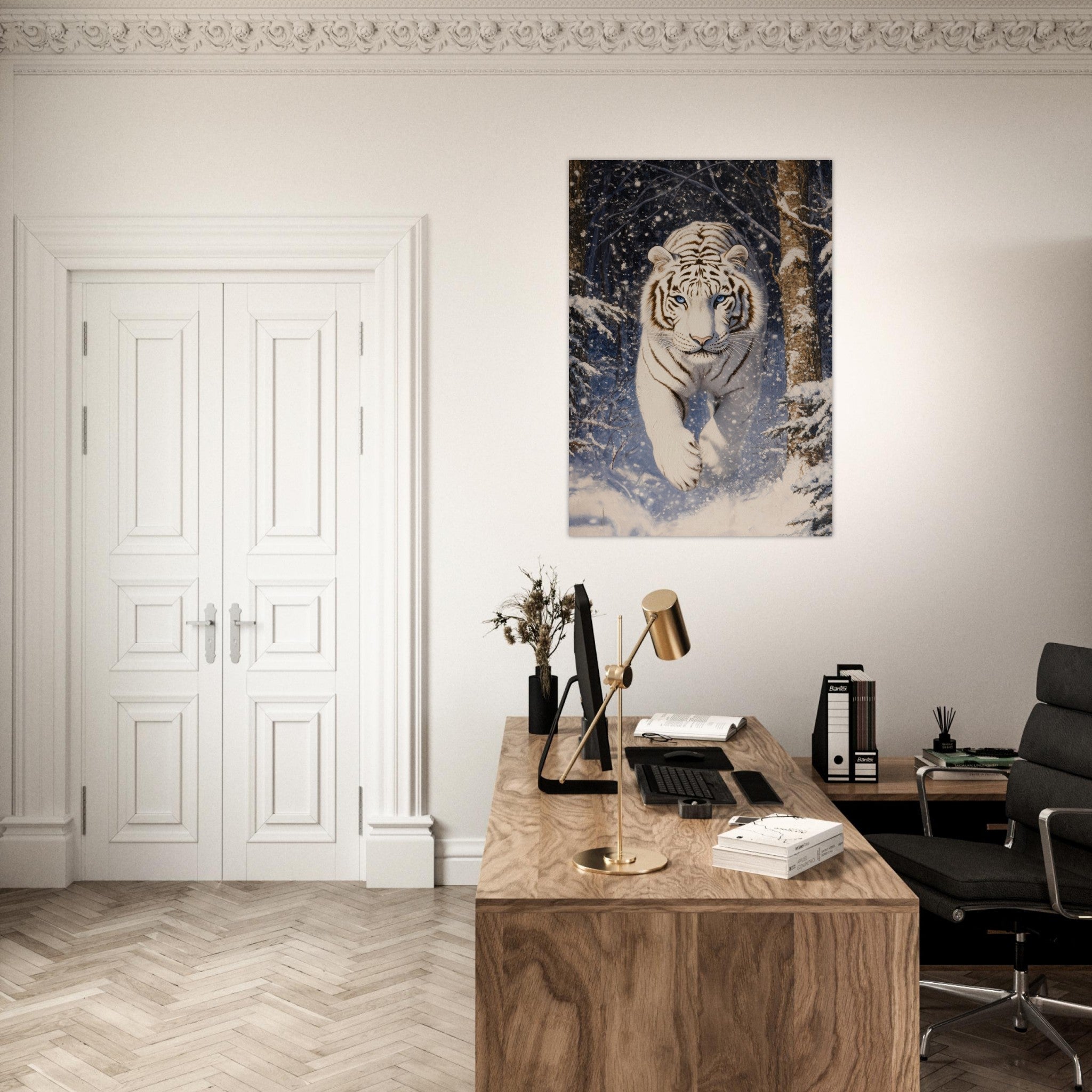Aluminum Print Portrait - Majestic White Tiger in a Snowy Forest A powerful - Shop Ai Art WebShop - Digital Art online Store
