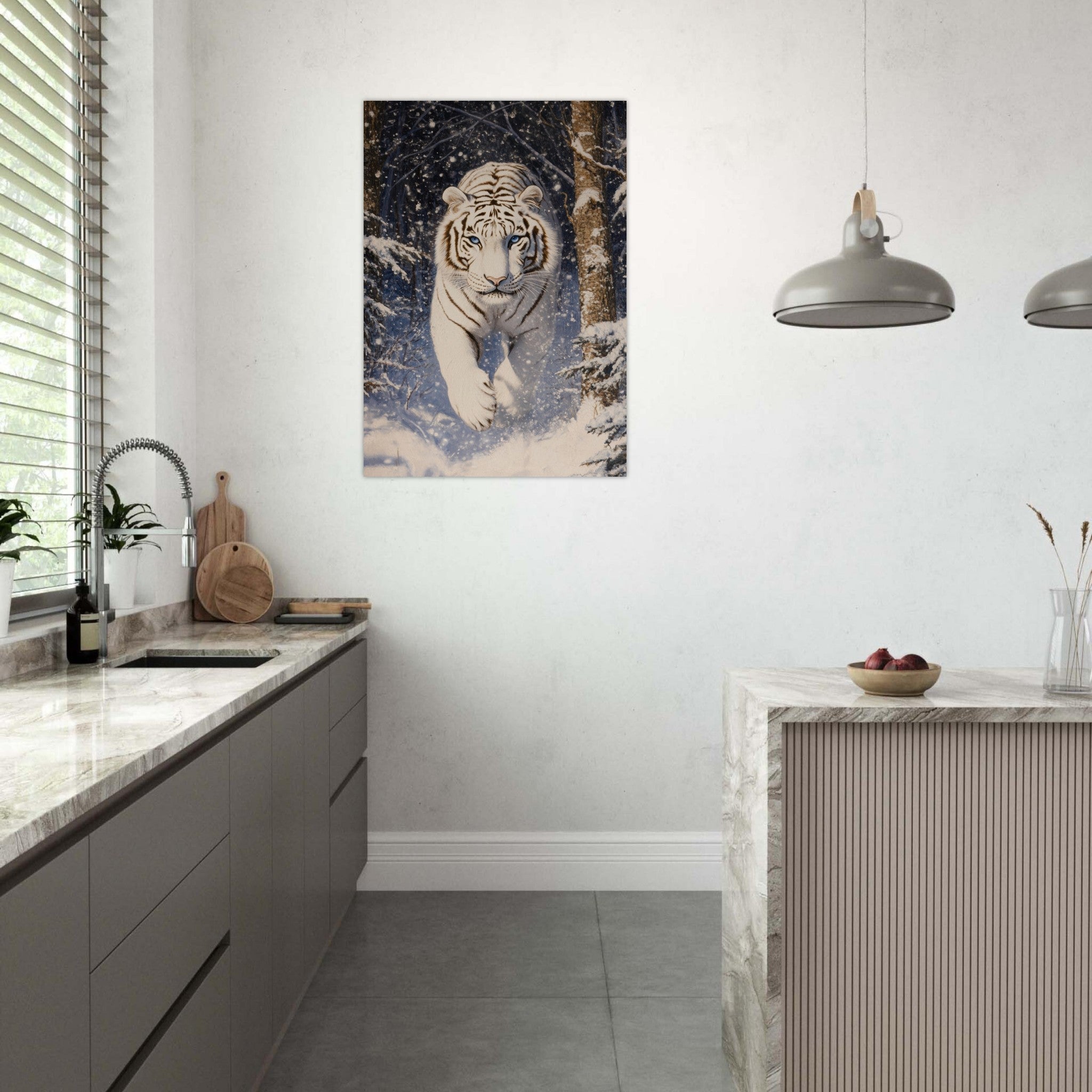 Aluminum Print Portrait - Majestic White Tiger in a Snowy Forest A powerful - Shop Ai Art WebShop - Digital Art online Store