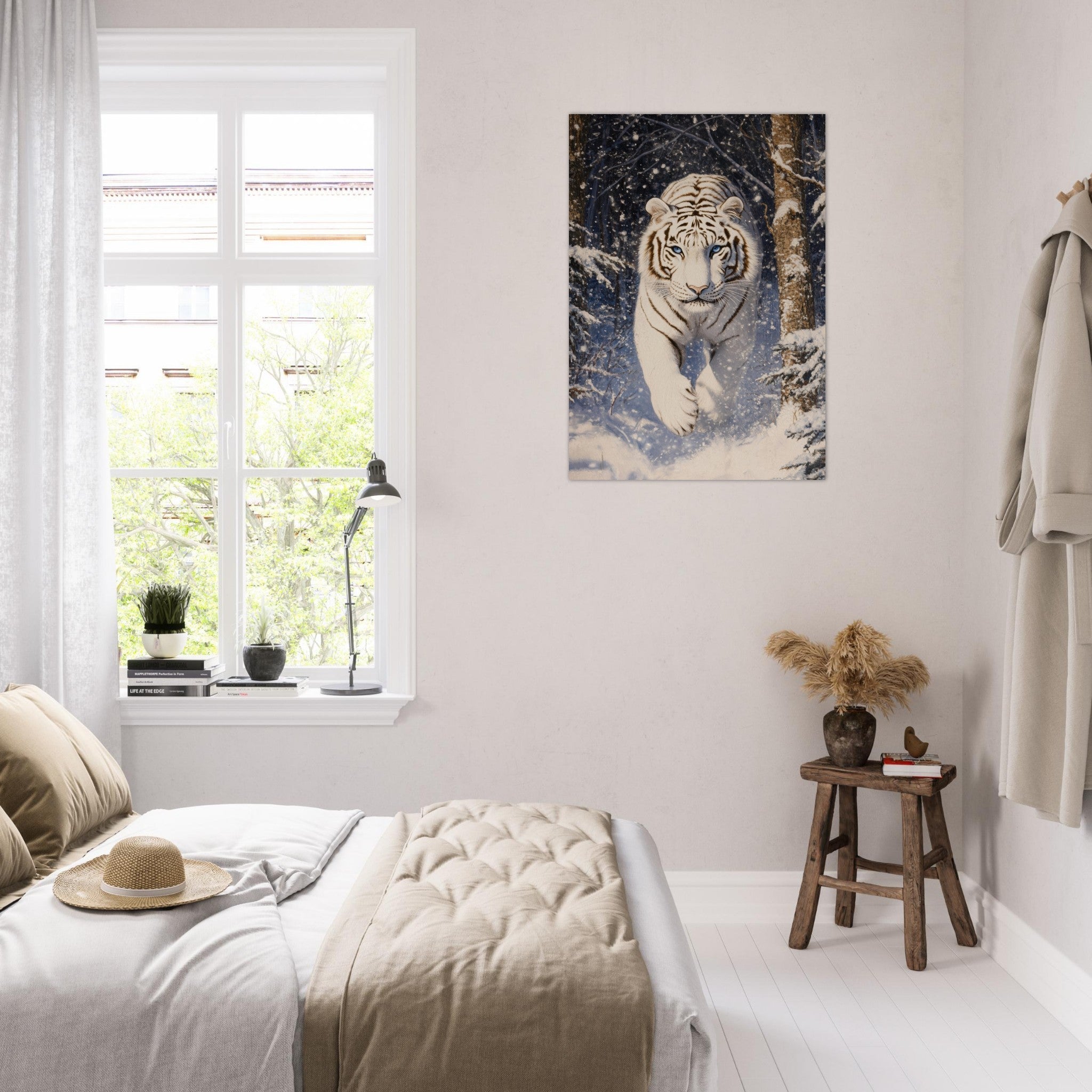 Aluminum Print Portrait - Majestic White Tiger in a Snowy Forest A powerful - Shop Ai Art WebShop - Digital Art online Store