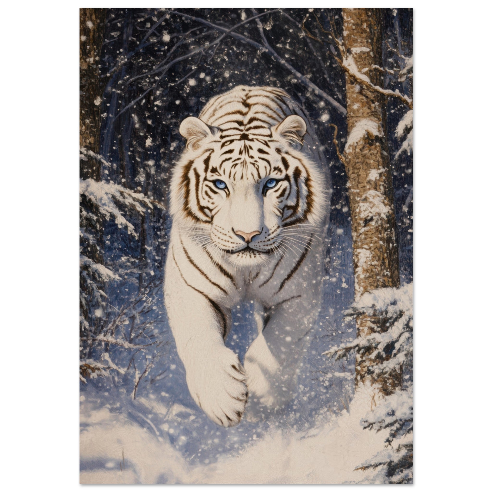 Aluminum Print Portrait - Majestic White Tiger in a Snowy Forest A powerful - Shop Ai Art WebShop - Digital Art online Store