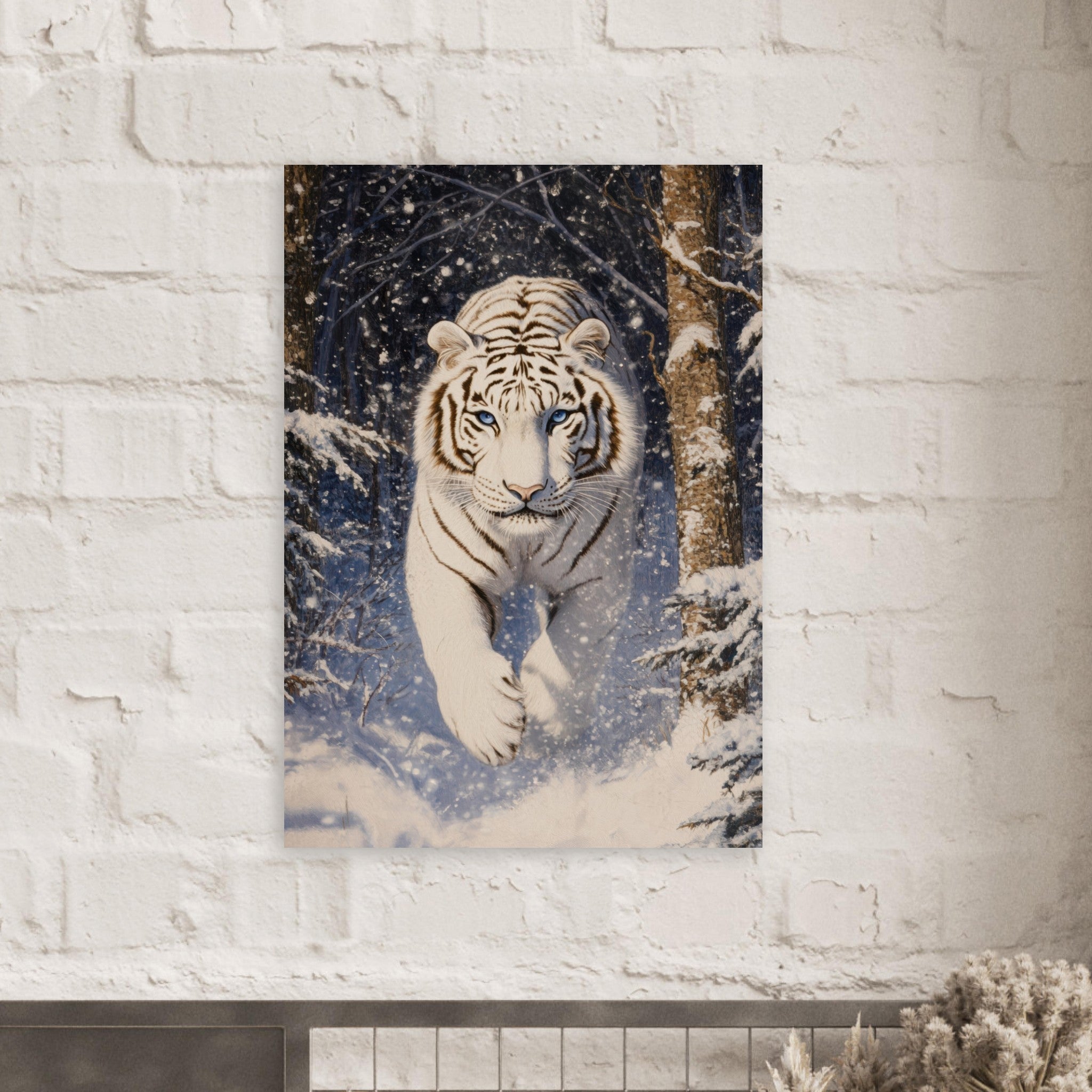 Aluminum Print Portrait - Majestic White Tiger in a Snowy Forest A powerful - Shop Ai Art WebShop - Digital Art online Store
