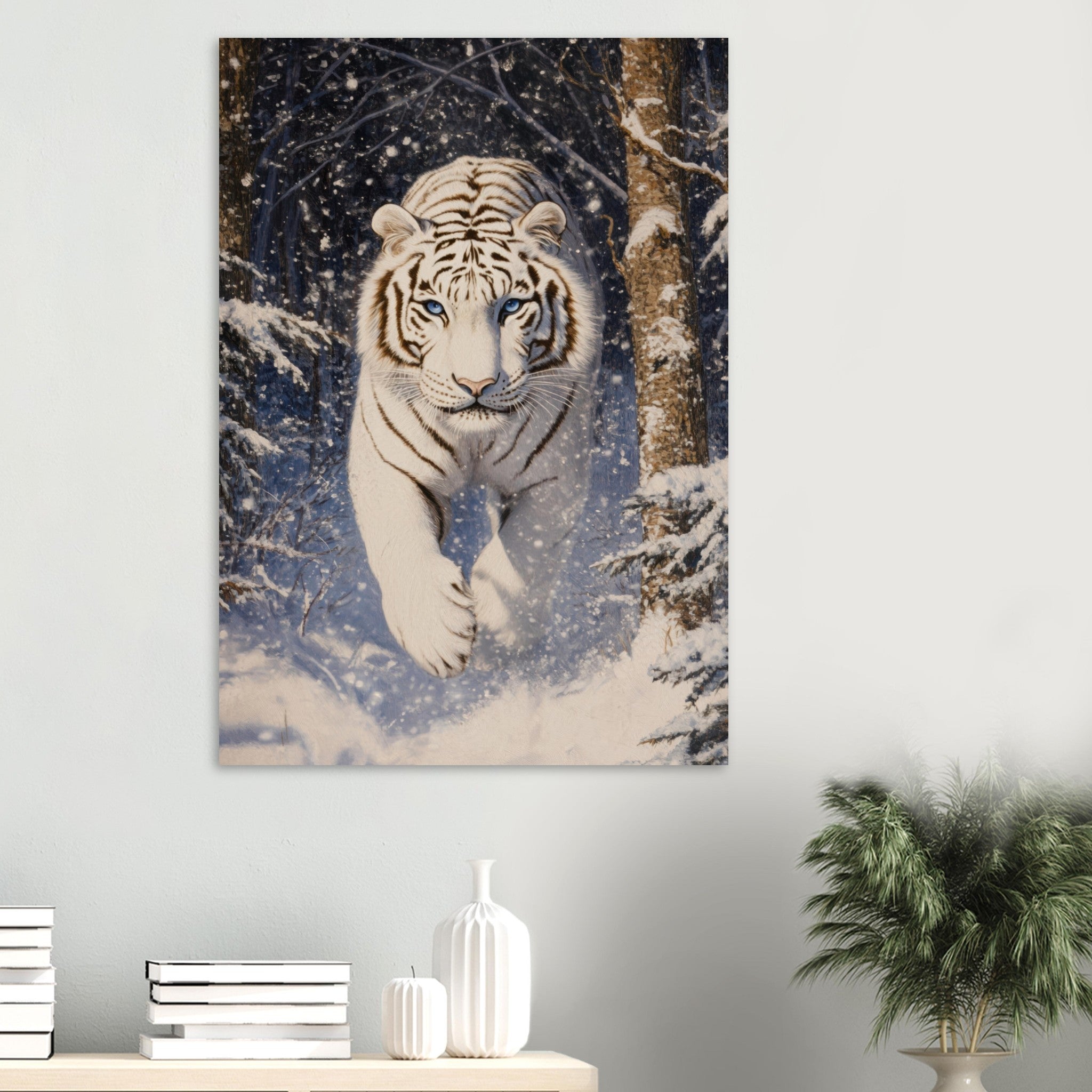 Aluminum Print Portrait - Majestic White Tiger in a Snowy Forest A powerful - Shop Ai Art WebShop - Digital Art online Store
