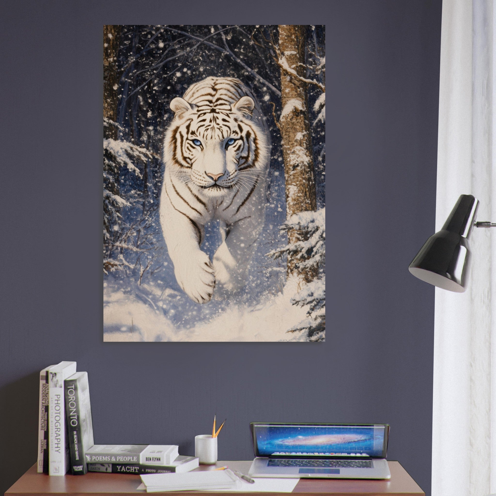 Aluminum Print Portrait - Majestic White Tiger in a Snowy Forest A powerful - Shop Ai Art WebShop - Digital Art online Store