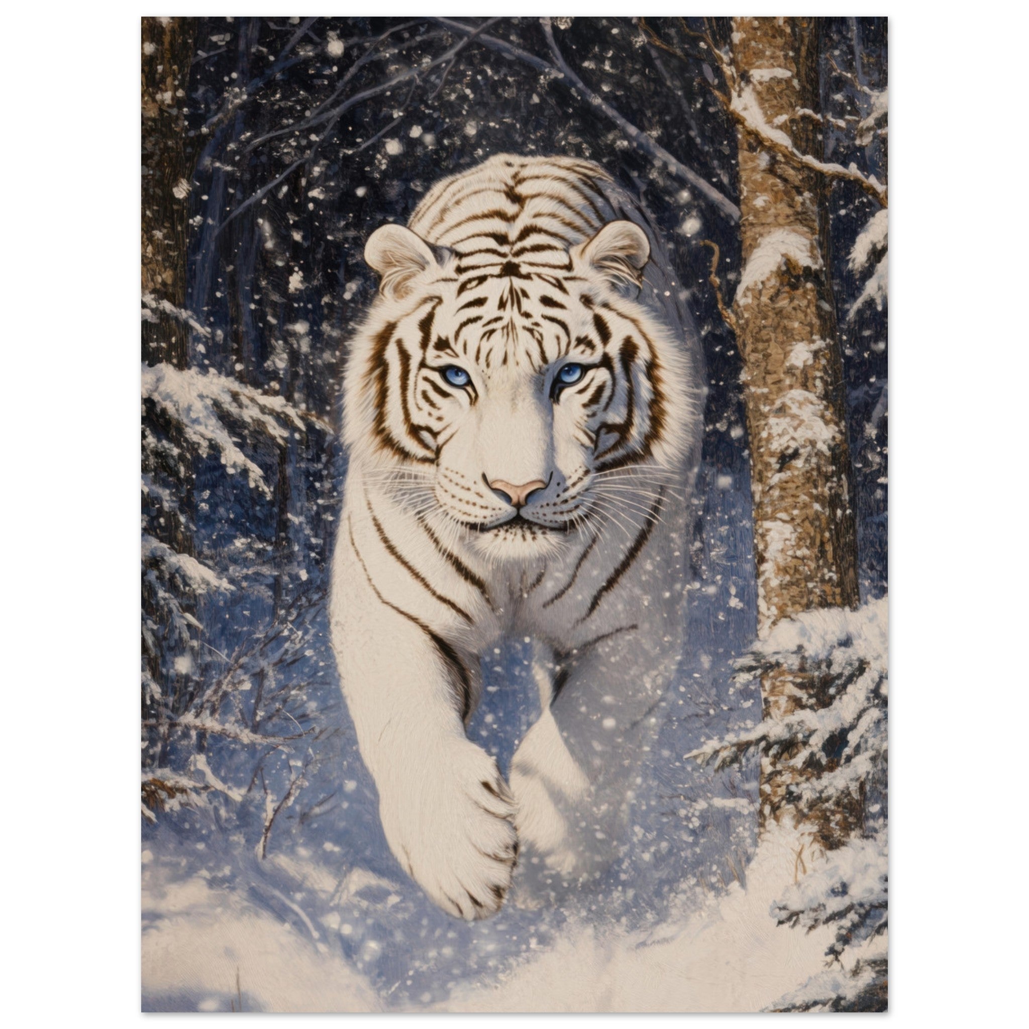 Aluminum Print Portrait - Majestic White Tiger in a Snowy Forest A powerful - Shop Ai Art WebShop - Digital Art online Store