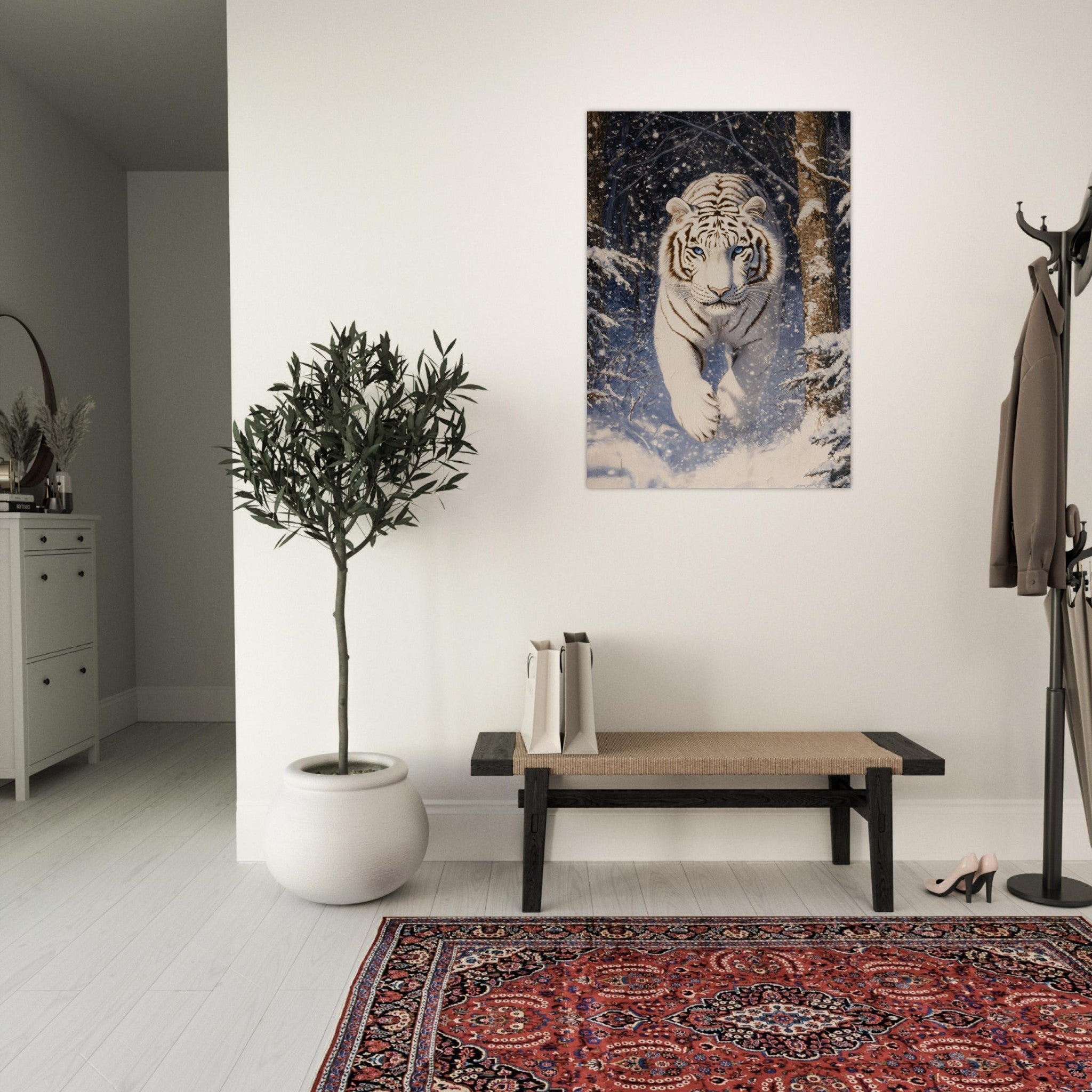 Aluminum Print Portrait - Majestic White Tiger in a Snowy Forest A powerful - Shop Ai Art WebShop - Digital Art online Store