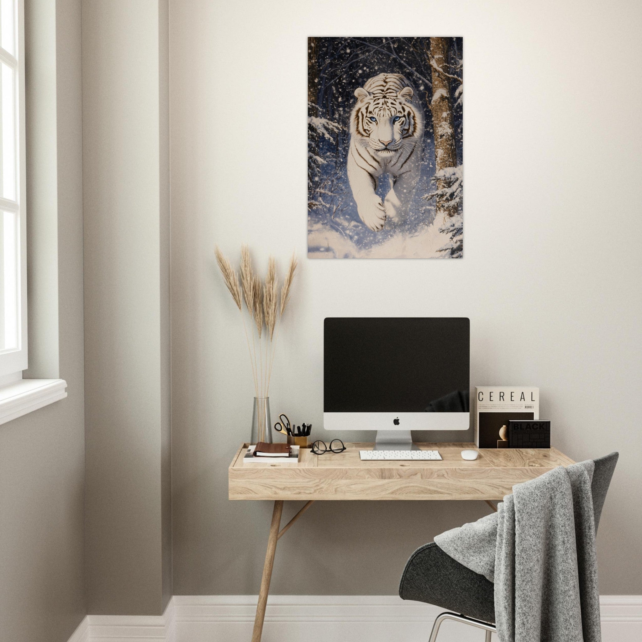 Aluminum Print Portrait - Majestic White Tiger in a Snowy Forest A powerful - Shop Ai Art WebShop - Digital Art online Store