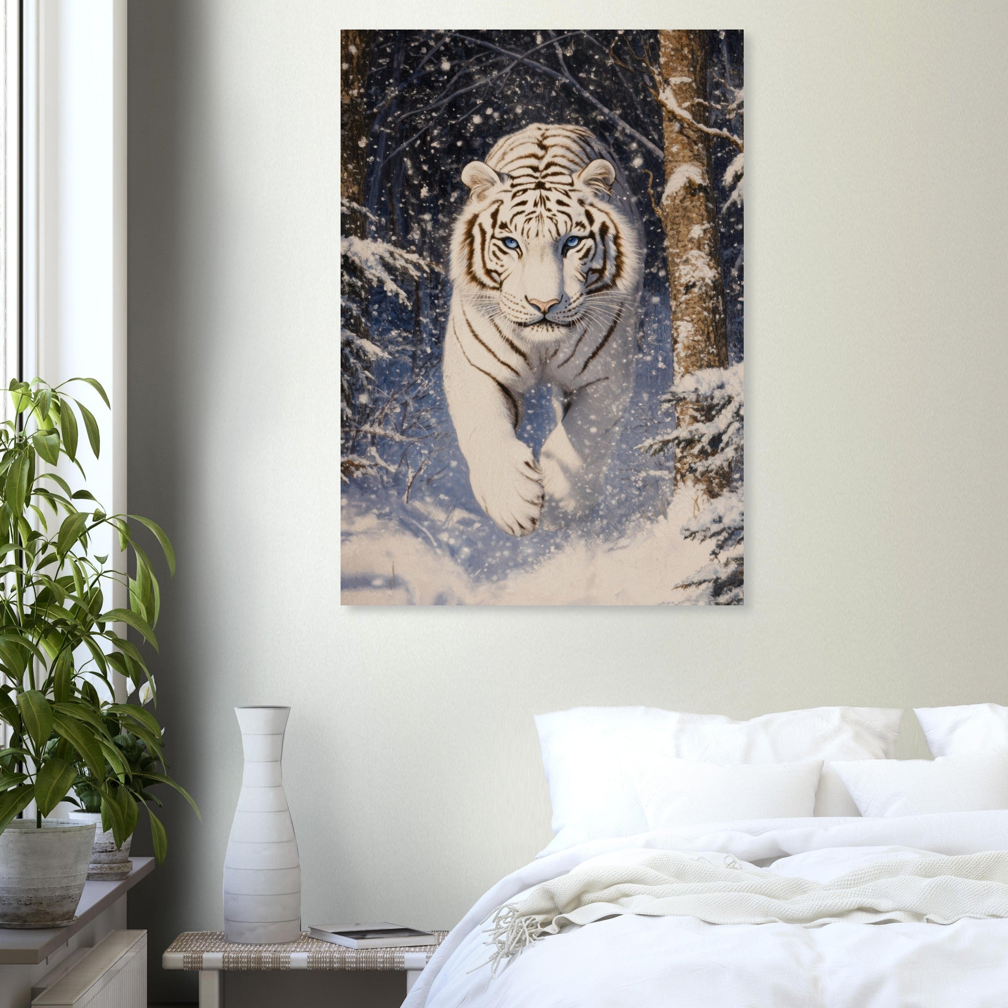 Aluminum Print Portrait - Majestic White Tiger in a Snowy Forest A powerful - Shop Ai Art WebShop - Digital Art online Store