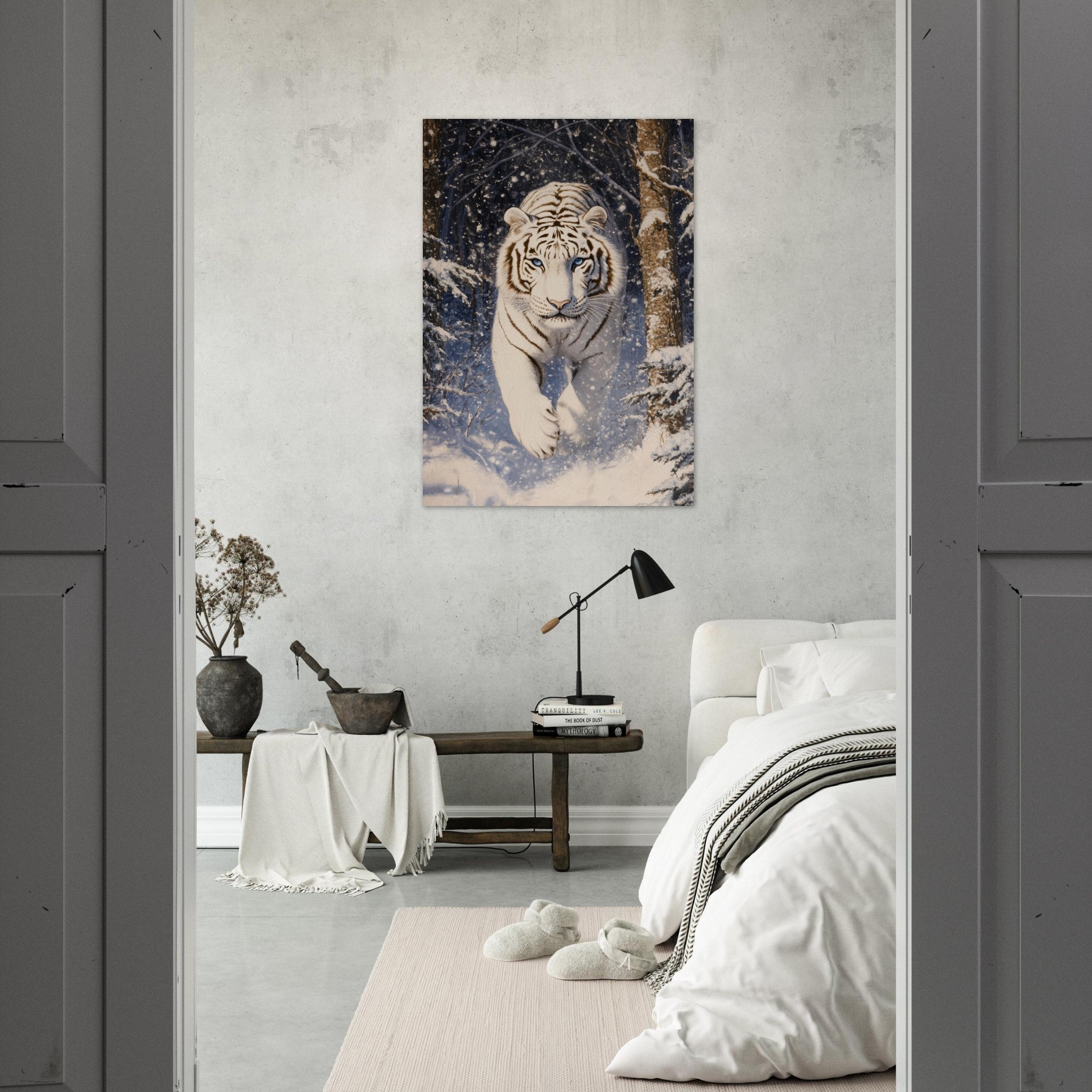 Aluminum Print Portrait - Majestic White Tiger in a Snowy Forest A powerful - Shop Ai Art WebShop - Digital Art online Store