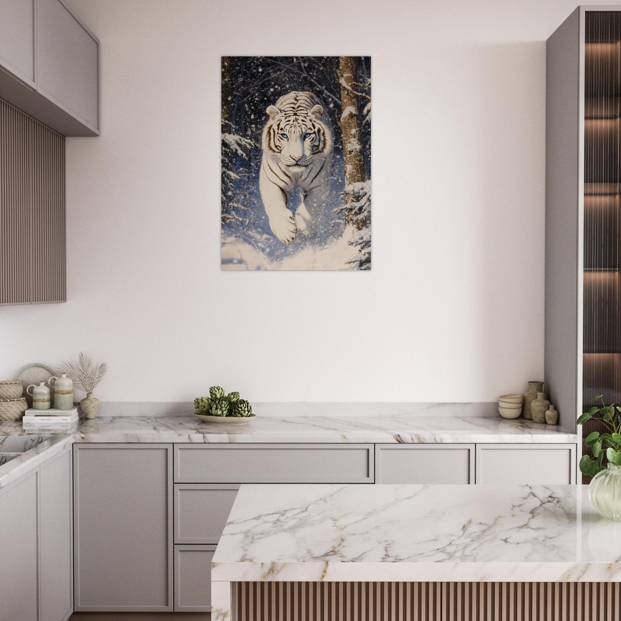 Aluminum Print Portrait - Majestic White Tiger in a Snowy Forest A powerful - Shop Ai Art WebShop - Digital Art online Store