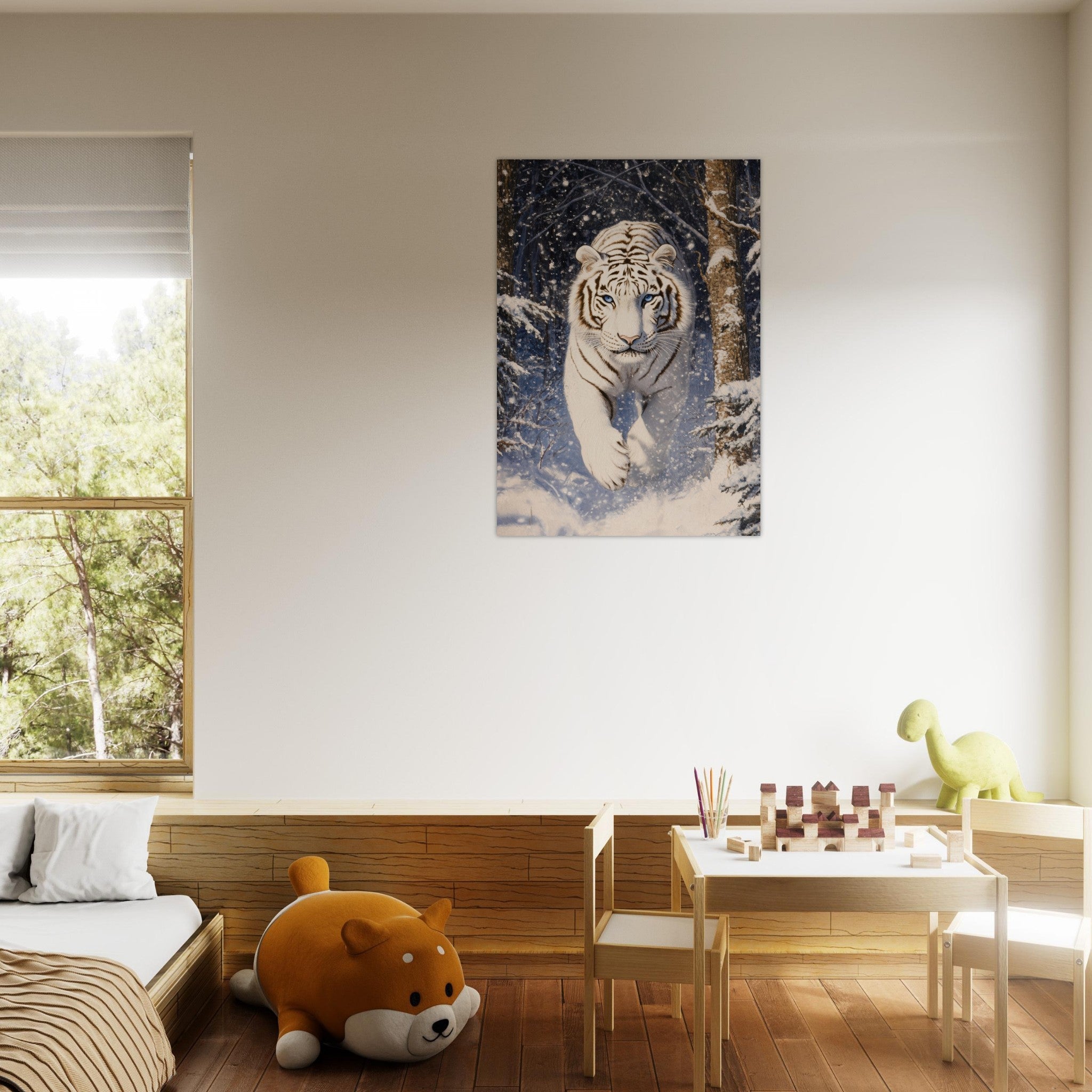 Aluminum Print Portrait - Majestic White Tiger in a Snowy Forest A powerful - Shop Ai Art WebShop - Digital Art online Store