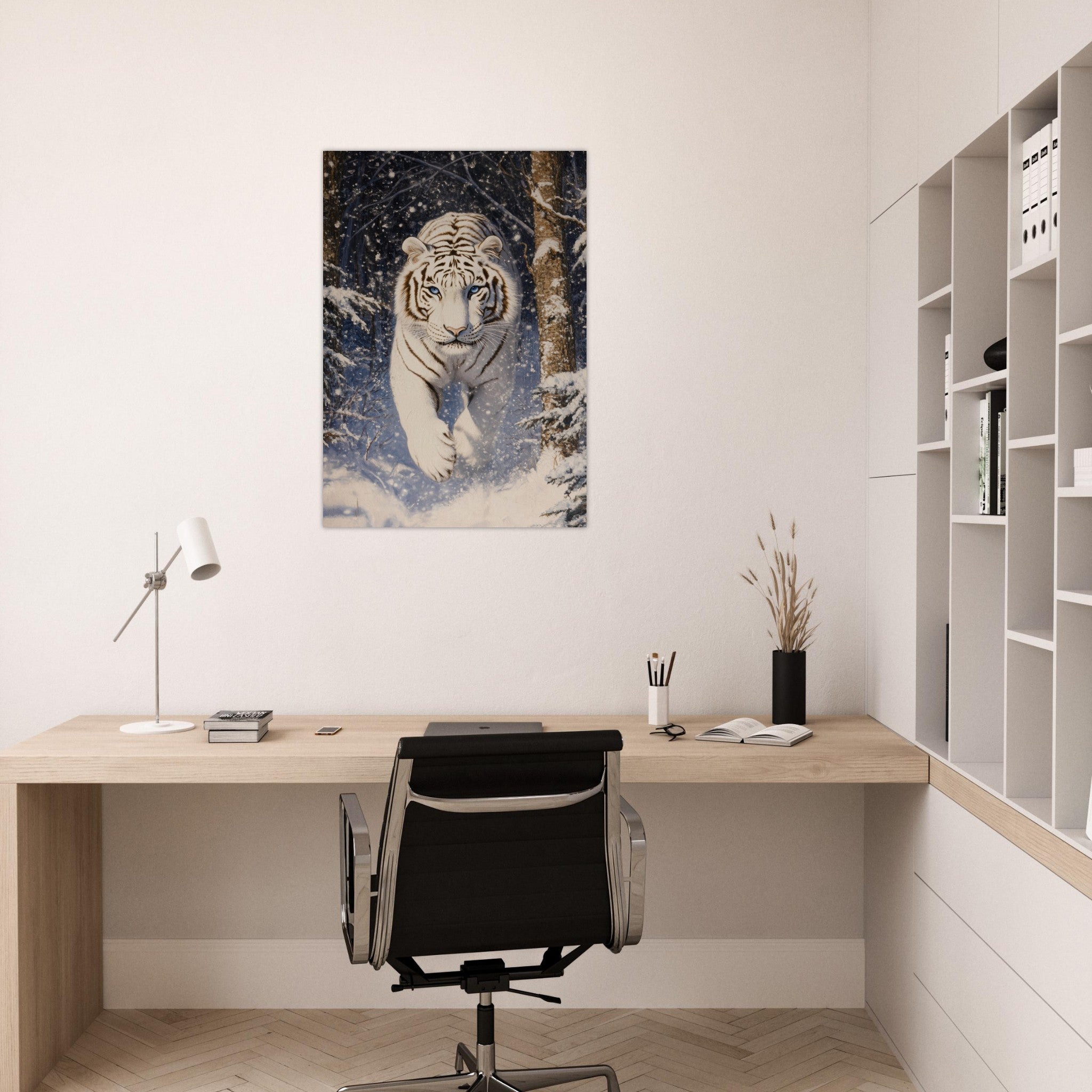 Aluminum Print Portrait - Majestic White Tiger in a Snowy Forest A powerful - Shop Ai Art WebShop - Digital Art online Store