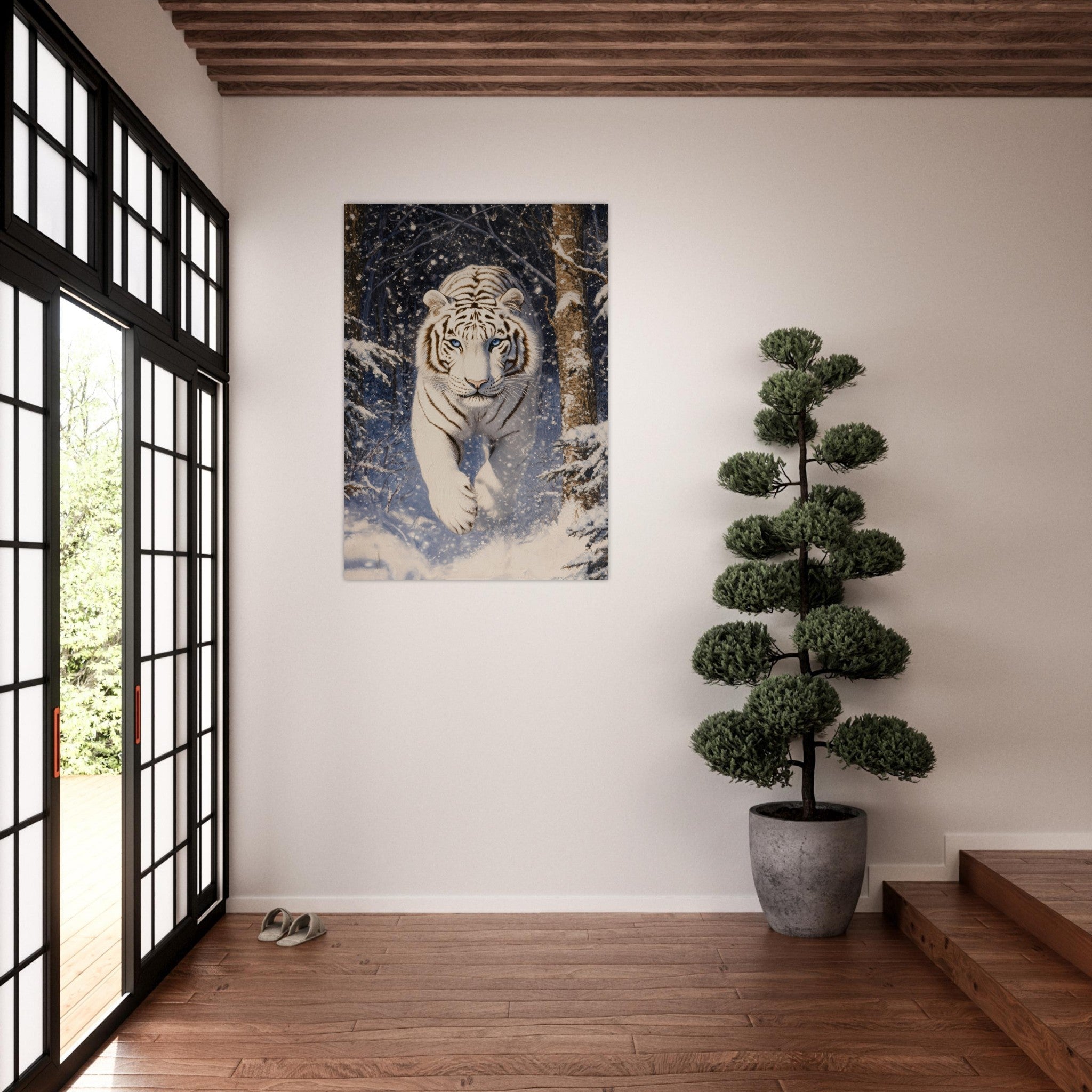 Aluminum Print Portrait - Majestic White Tiger in a Snowy Forest A powerful - Shop Ai Art WebShop - Digital Art online Store