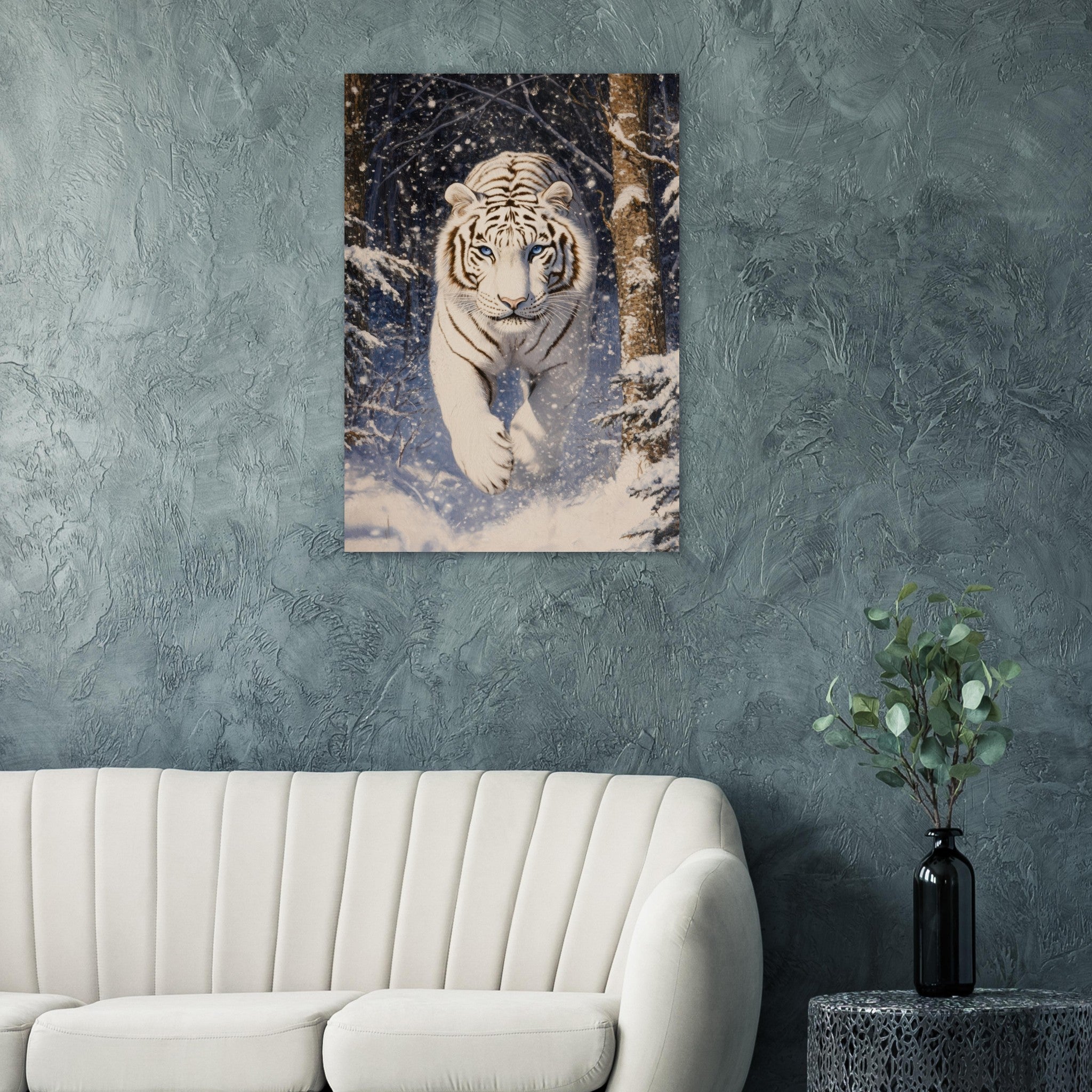 Aluminum Print Portrait - Majestic White Tiger in a Snowy Forest A powerful - Shop Ai Art WebShop - Digital Art online Store