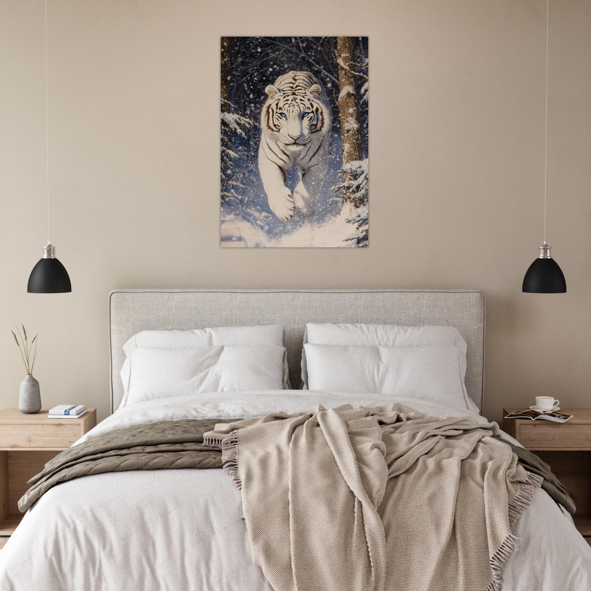 Aluminum Print Portrait - Majestic White Tiger in a Snowy Forest A powerful - Shop Ai Art WebShop - Digital Art online Store