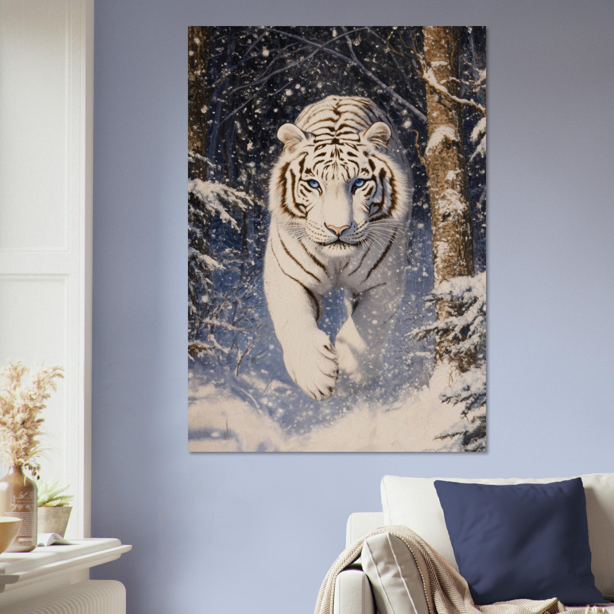Aluminum Print Portrait - Majestic White Tiger in a Snowy Forest A powerful - Shop Ai Art WebShop - Digital Art online Store