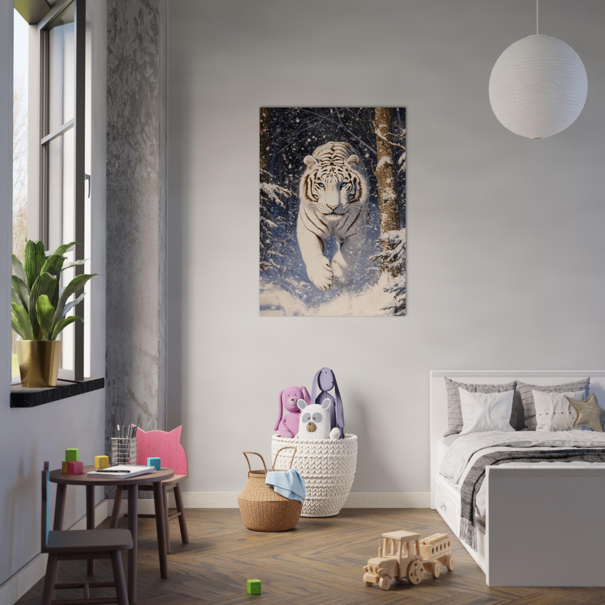 Aluminum Print Portrait - Majestic White Tiger in a Snowy Forest A powerful - Shop Ai Art WebShop - Digital Art online Store
