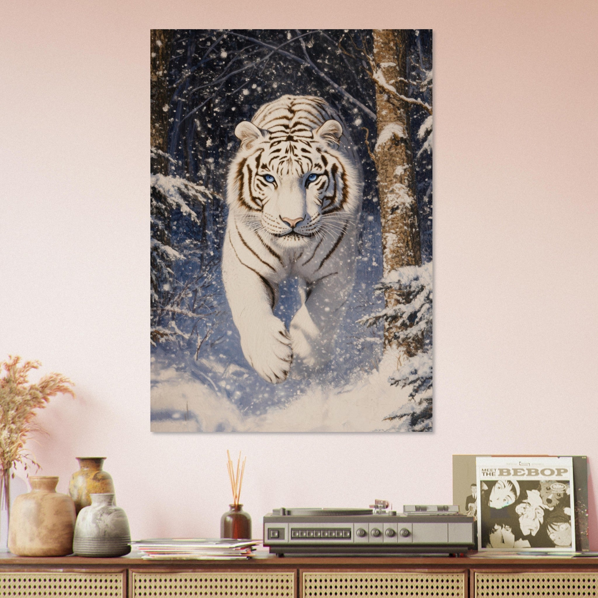 Aluminum Print Portrait - Majestic White Tiger in a Snowy Forest A powerful - Shop Ai Art WebShop - Digital Art online Store
