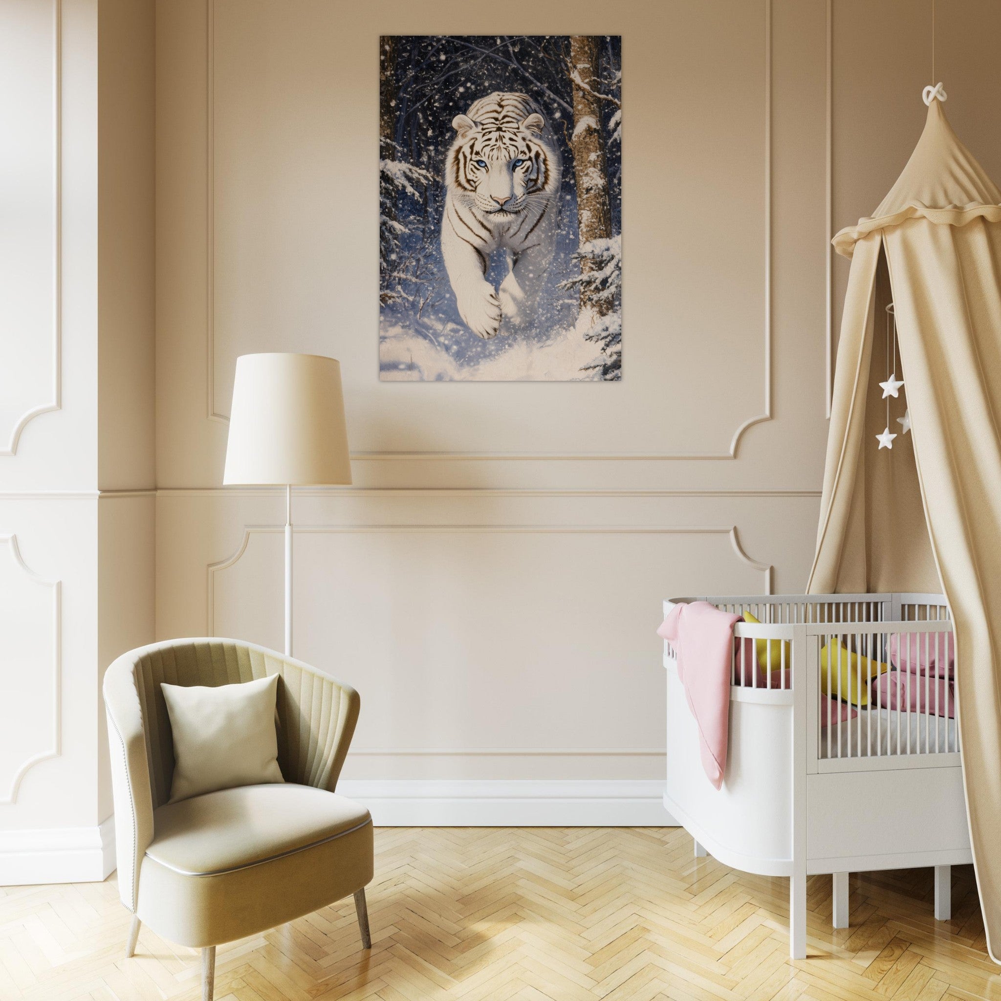 Aluminum Print Portrait - Majestic White Tiger in a Snowy Forest A powerful - Shop Ai Art WebShop - Digital Art online Store