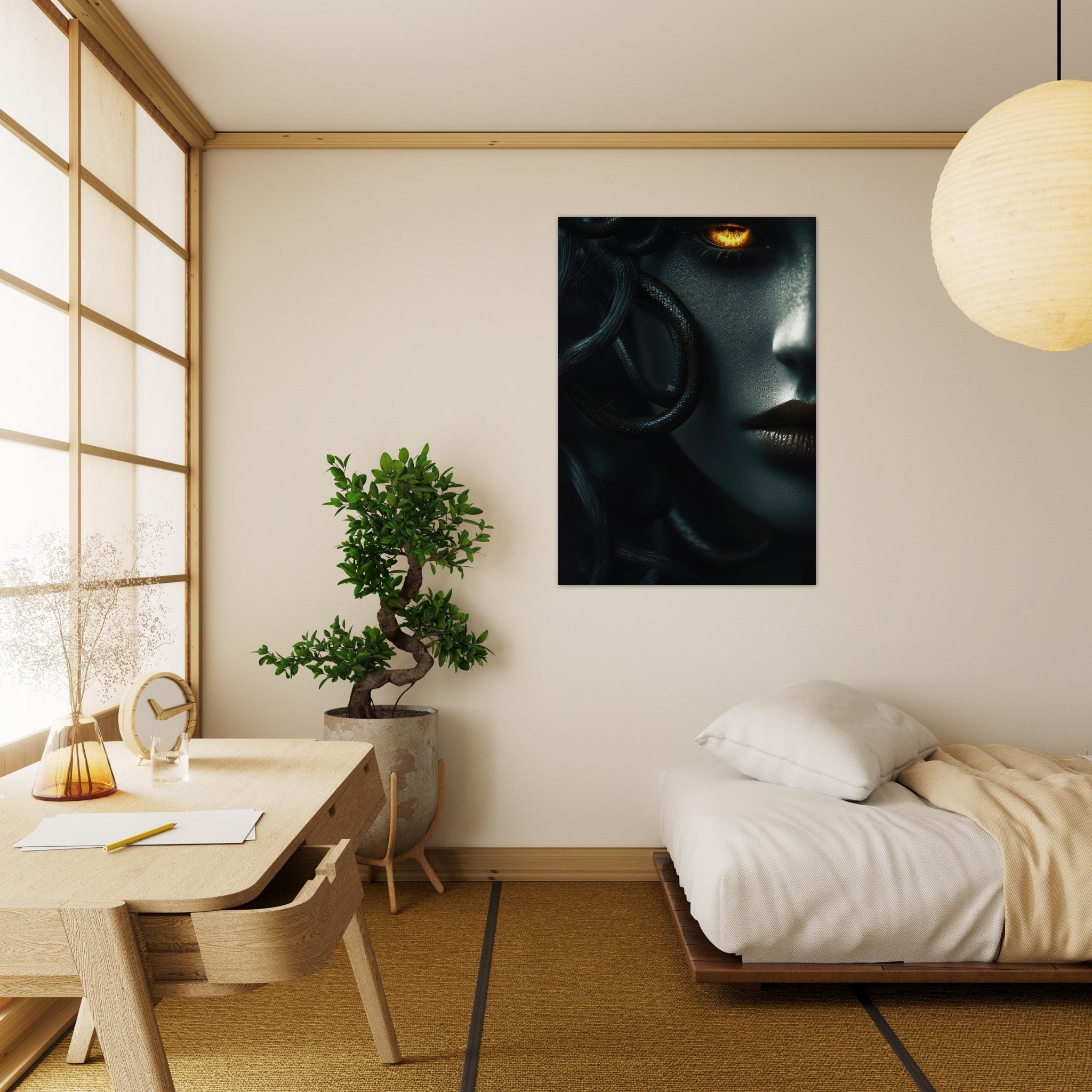 Aluminum Print Portrait - Minimalist Medusas Gaze Minimalism Tight - Focus - Shop Ai Art WebShop - Digital Art online Store