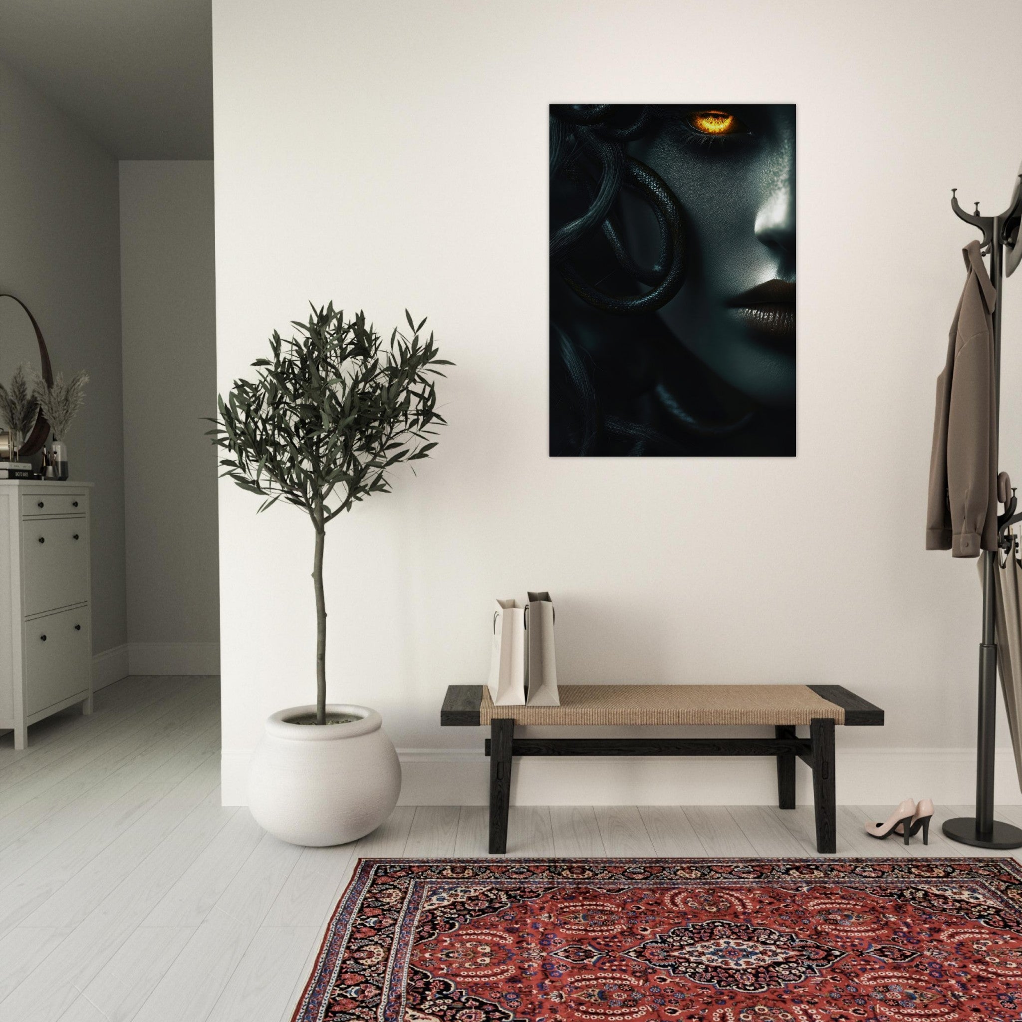 Aluminum Print Portrait - Minimalist Medusas Gaze Minimalism Tight - Focus - Shop Ai Art WebShop - Digital Art online Store
