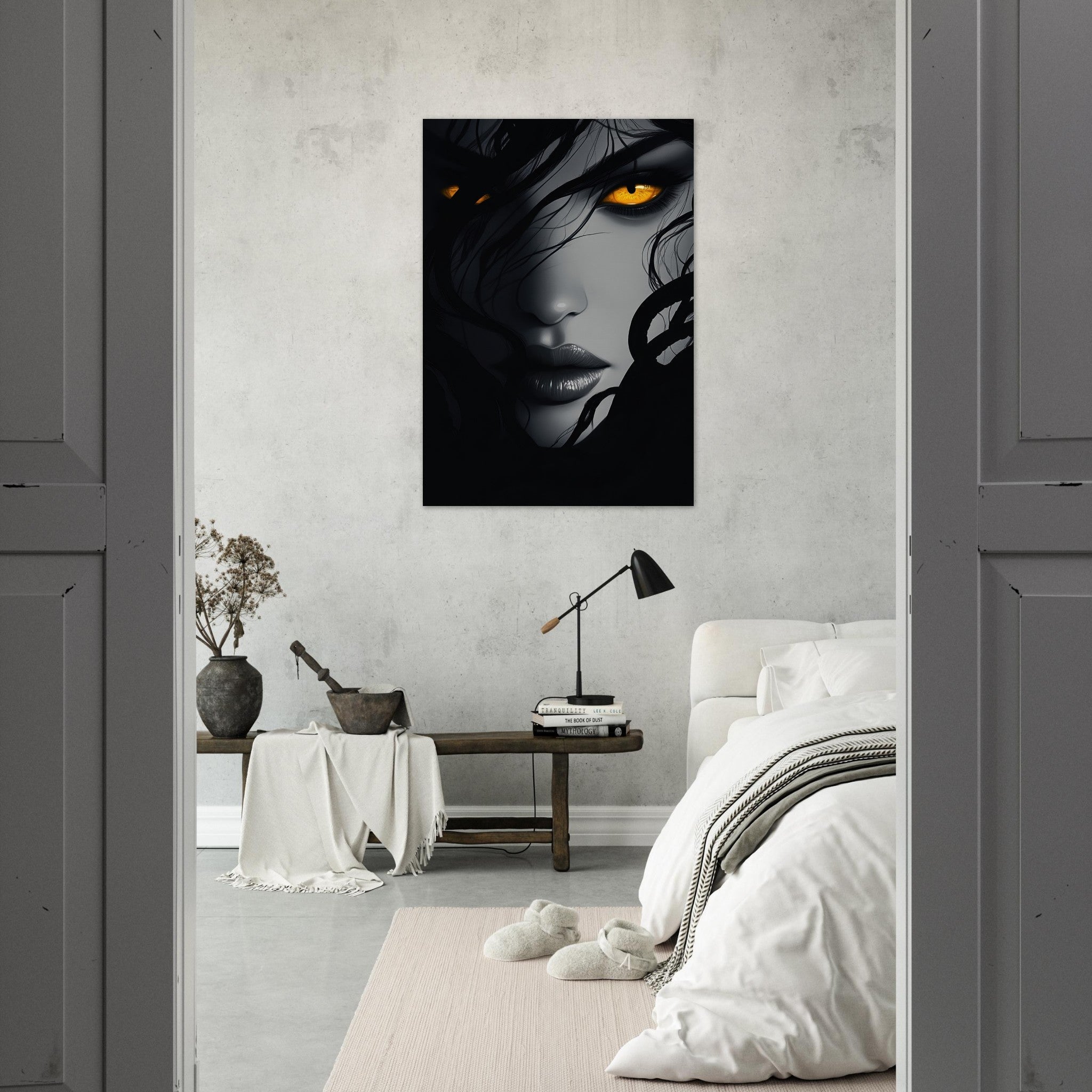 Aluminum Print Portrait - Minimalist Medusas Gaze Minimalism Tight - Focus 2 - Shop Ai Art WebShop - Digital Art online Store