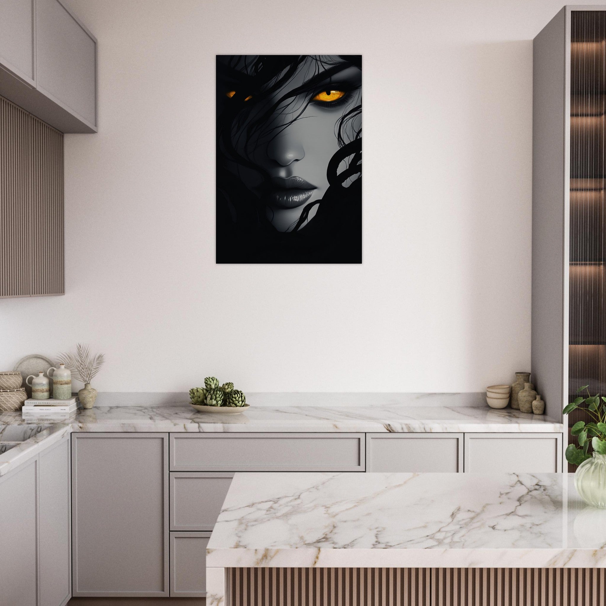 Aluminum Print Portrait - Minimalist Medusas Gaze Minimalism Tight - Focus 2 - Shop Ai Art WebShop - Digital Art online Store