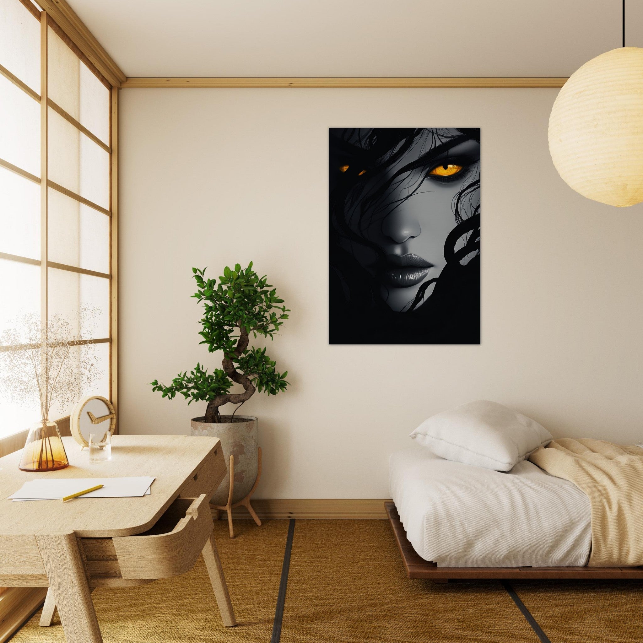Aluminum Print Portrait - Minimalist Medusas Gaze Minimalism Tight - Focus 2 - Shop Ai Art WebShop - Digital Art online Store