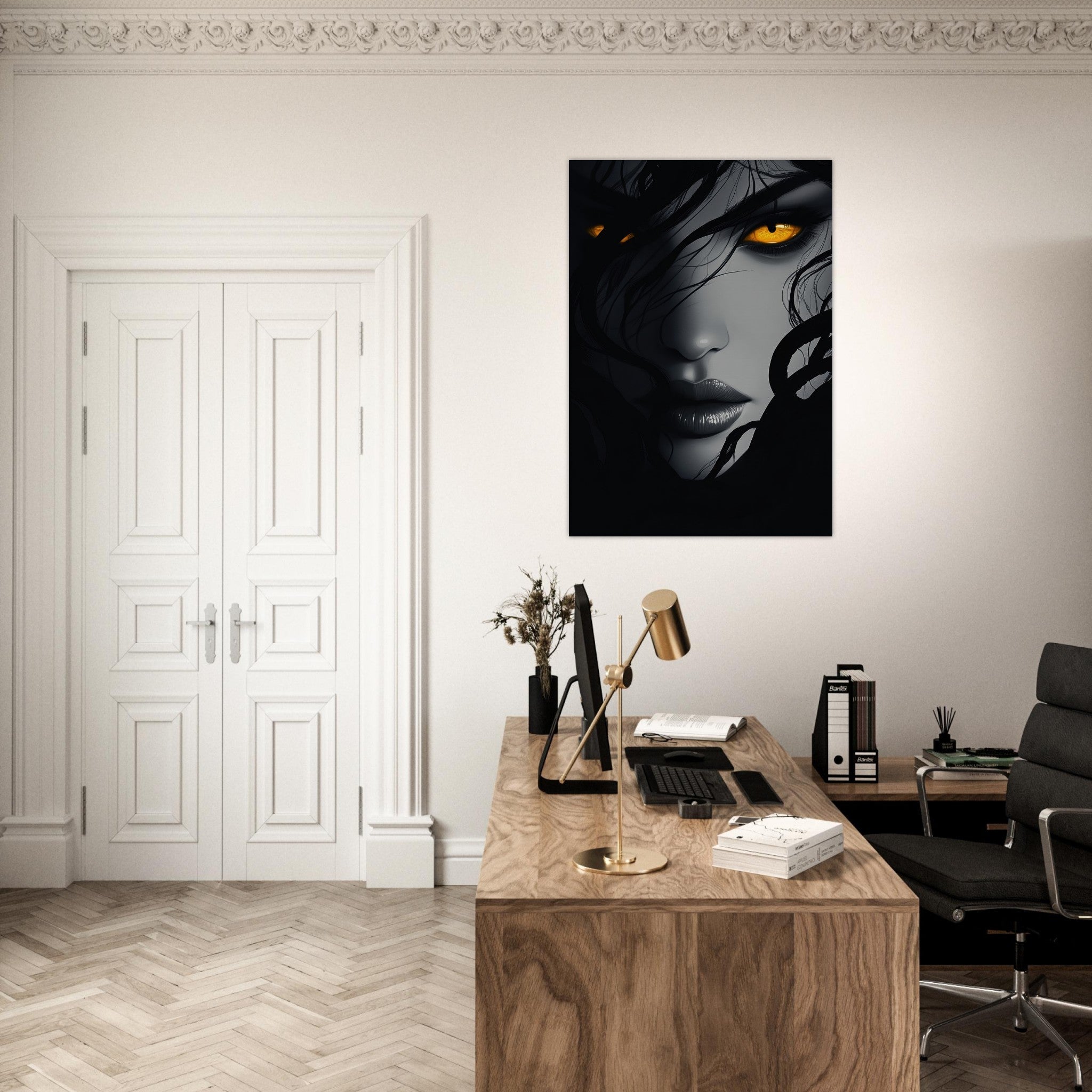 Aluminum Print Portrait - Minimalist Medusas Gaze Minimalism Tight - Focus 2 - Shop Ai Art WebShop - Digital Art online Store