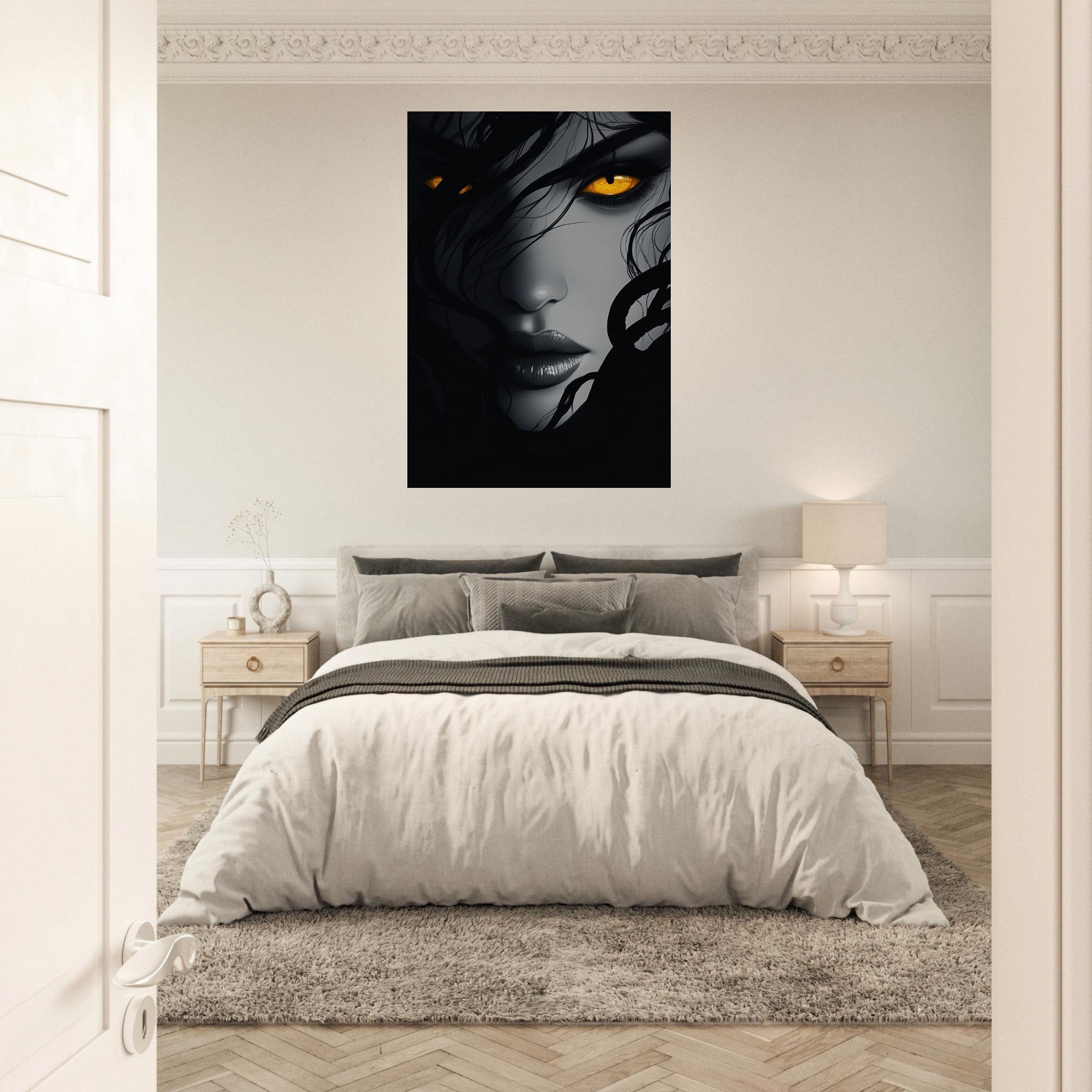 Aluminum Print Portrait - Minimalist Medusas Gaze Minimalism Tight - Focus 2 - Shop Ai Art WebShop - Digital Art online Store