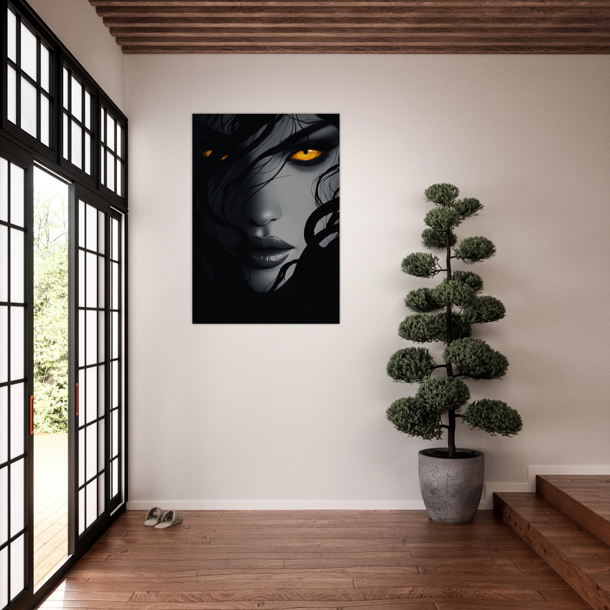 Aluminum Print Portrait - Minimalist Medusas Gaze Minimalism Tight - Focus 2 - Shop Ai Art WebShop - Digital Art online Store