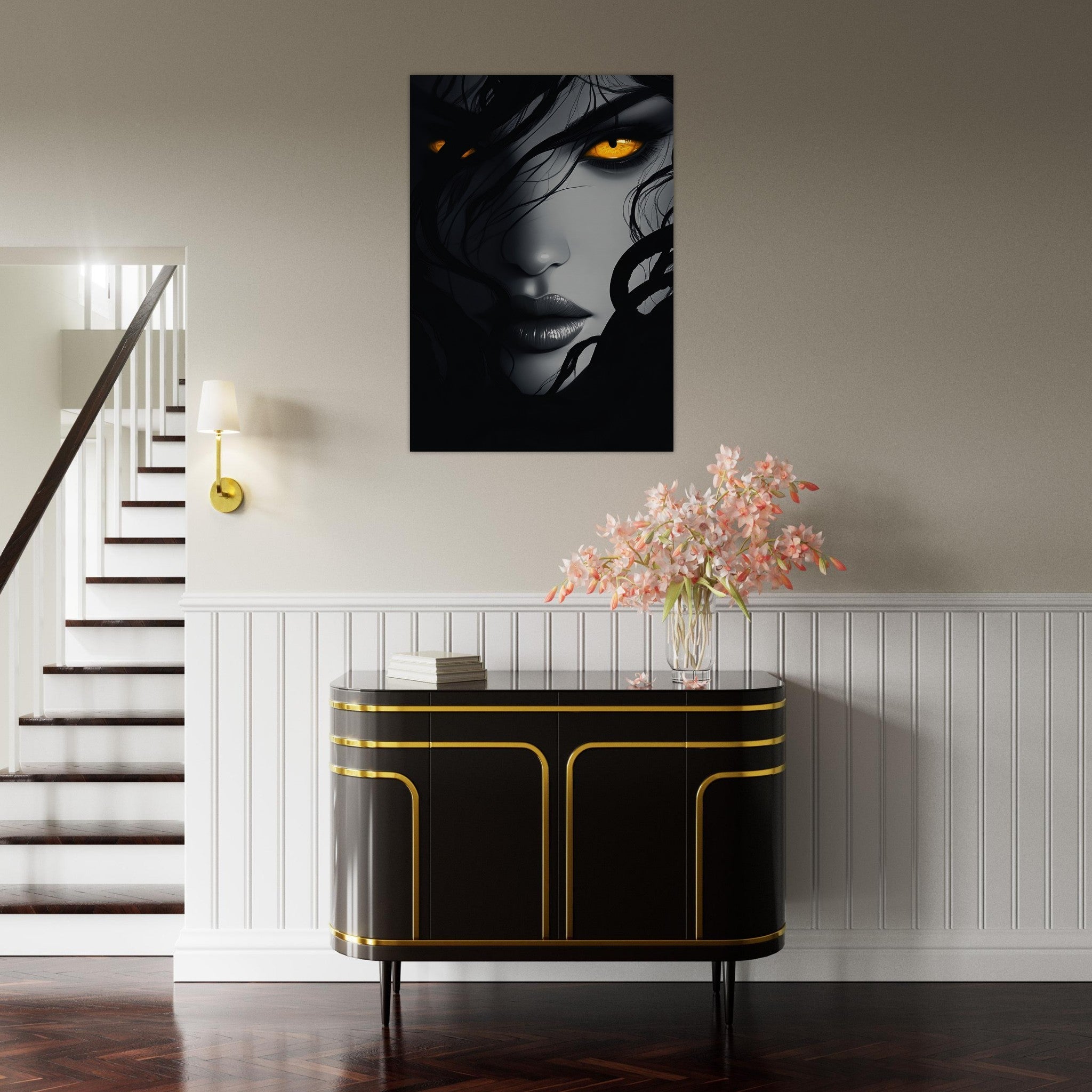 Aluminum Print Portrait - Minimalist Medusas Gaze Minimalism Tight - Focus 2 - Shop Ai Art WebShop - Digital Art online Store