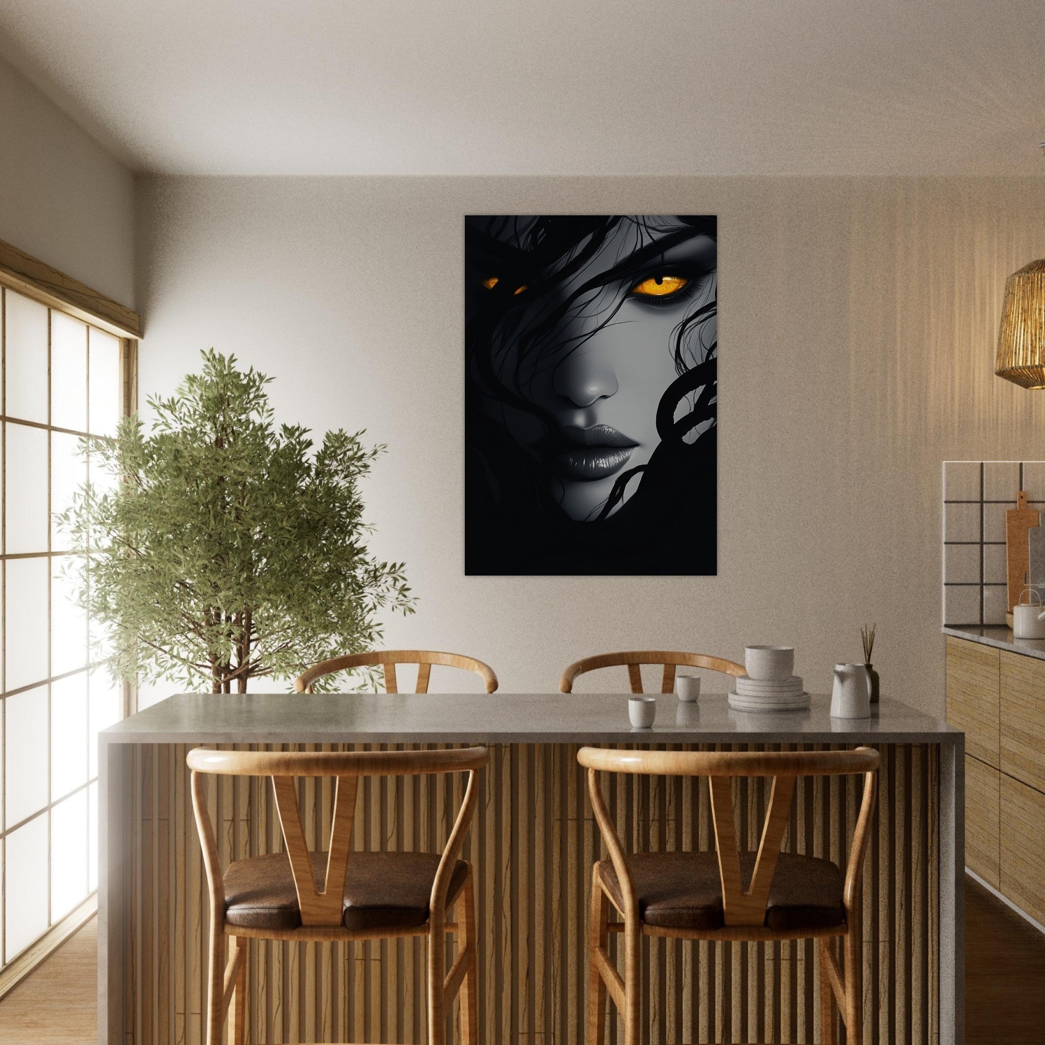 Aluminum Print Portrait - Minimalist Medusas Gaze Minimalism Tight - Focus 2 - Shop Ai Art WebShop - Digital Art online Store