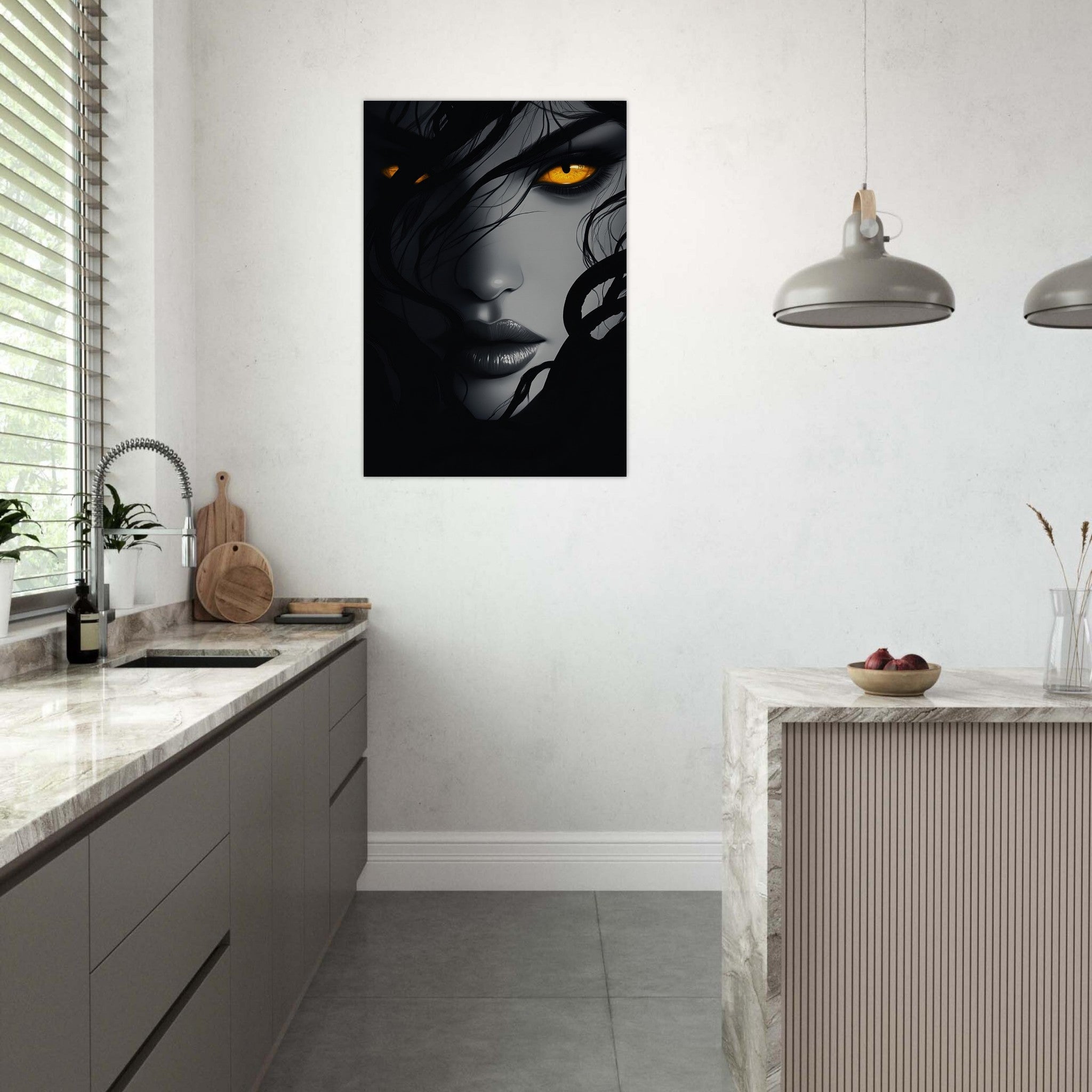 Aluminum Print Portrait - Minimalist Medusas Gaze Minimalism Tight - Focus 2 - Shop Ai Art WebShop - Digital Art online Store