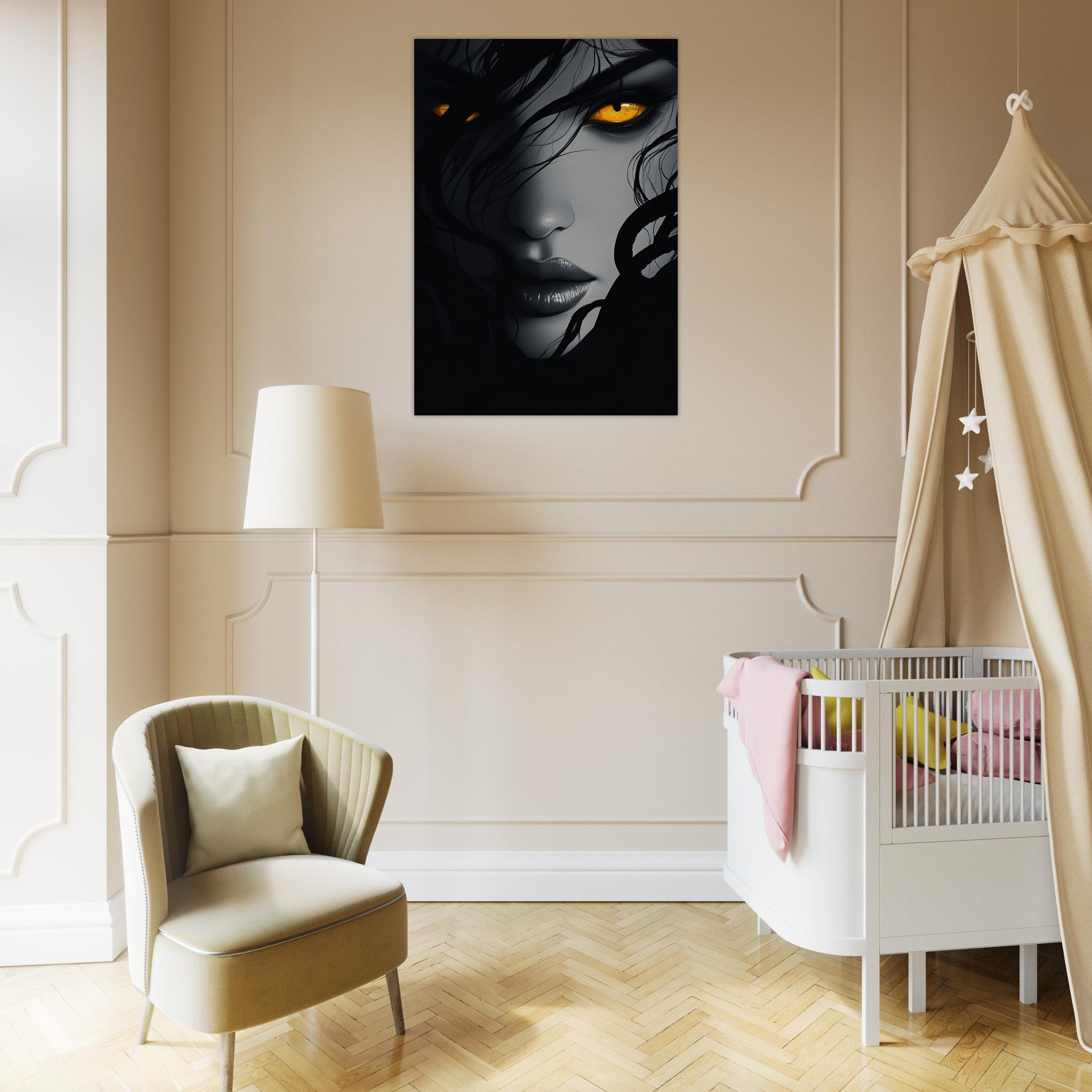 Aluminum Print Portrait - Minimalist Medusas Gaze Minimalism Tight - Focus 2 - Shop Ai Art WebShop - Digital Art online Store