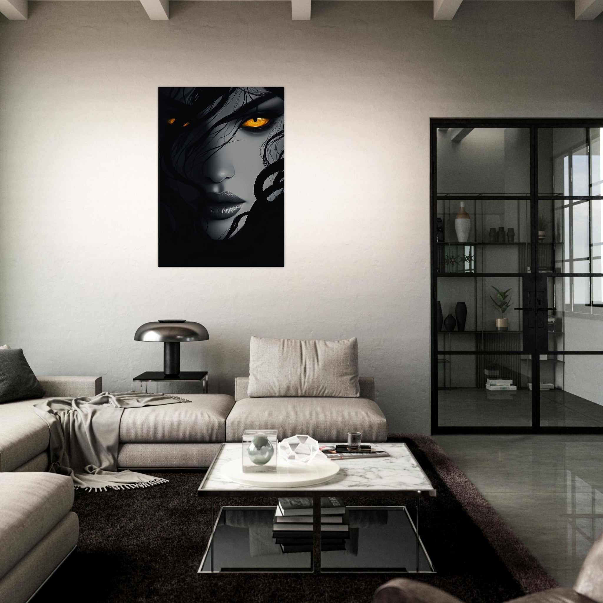 Aluminum Print Portrait - Minimalist Medusas Gaze Minimalism Tight - Focus 2 - Shop Ai Art WebShop - Digital Art online Store