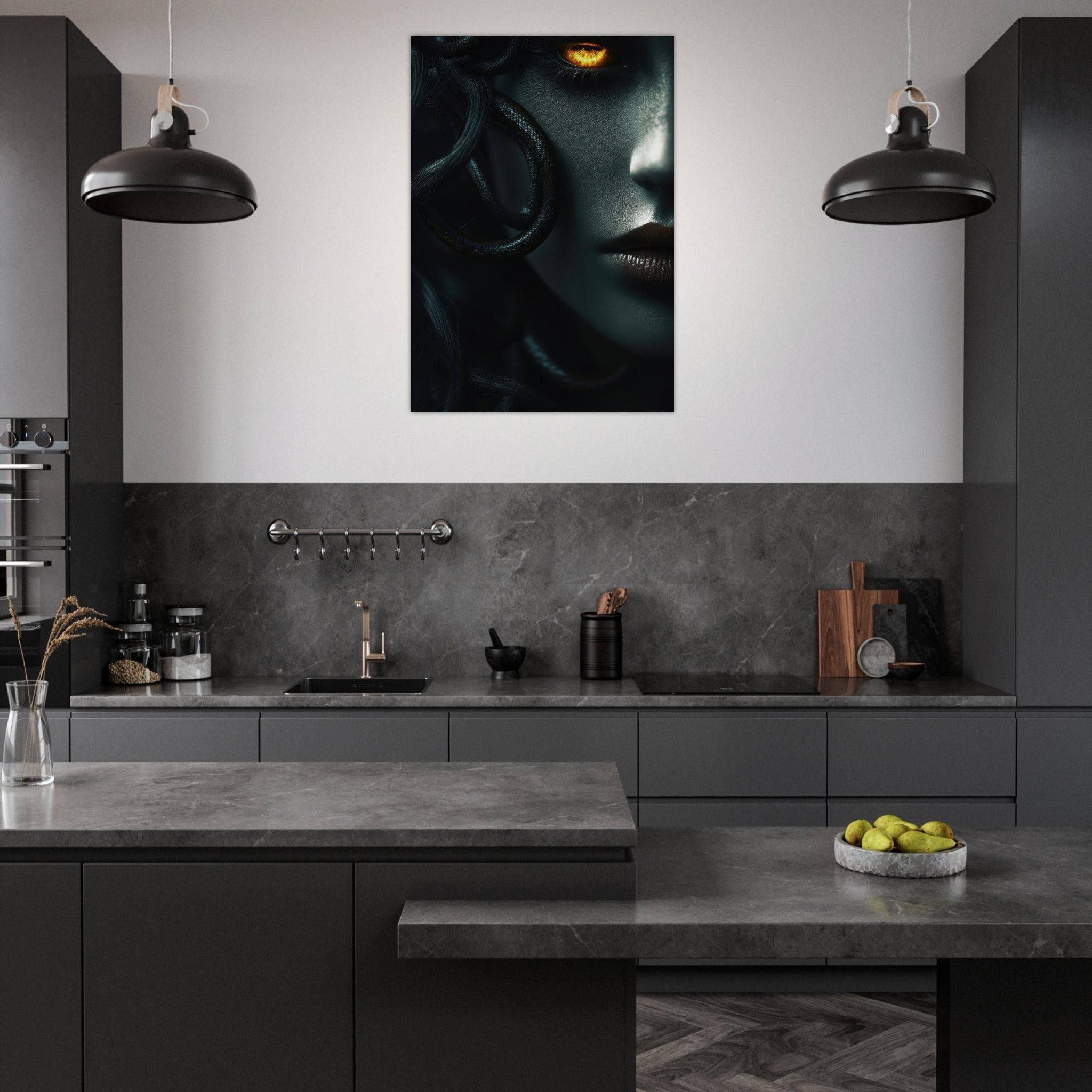 Aluminum Print Portrait - Minimalist Medusas Gaze Minimalism Tight - Focus - Shop Ai Art WebShop - Digital Art online Store