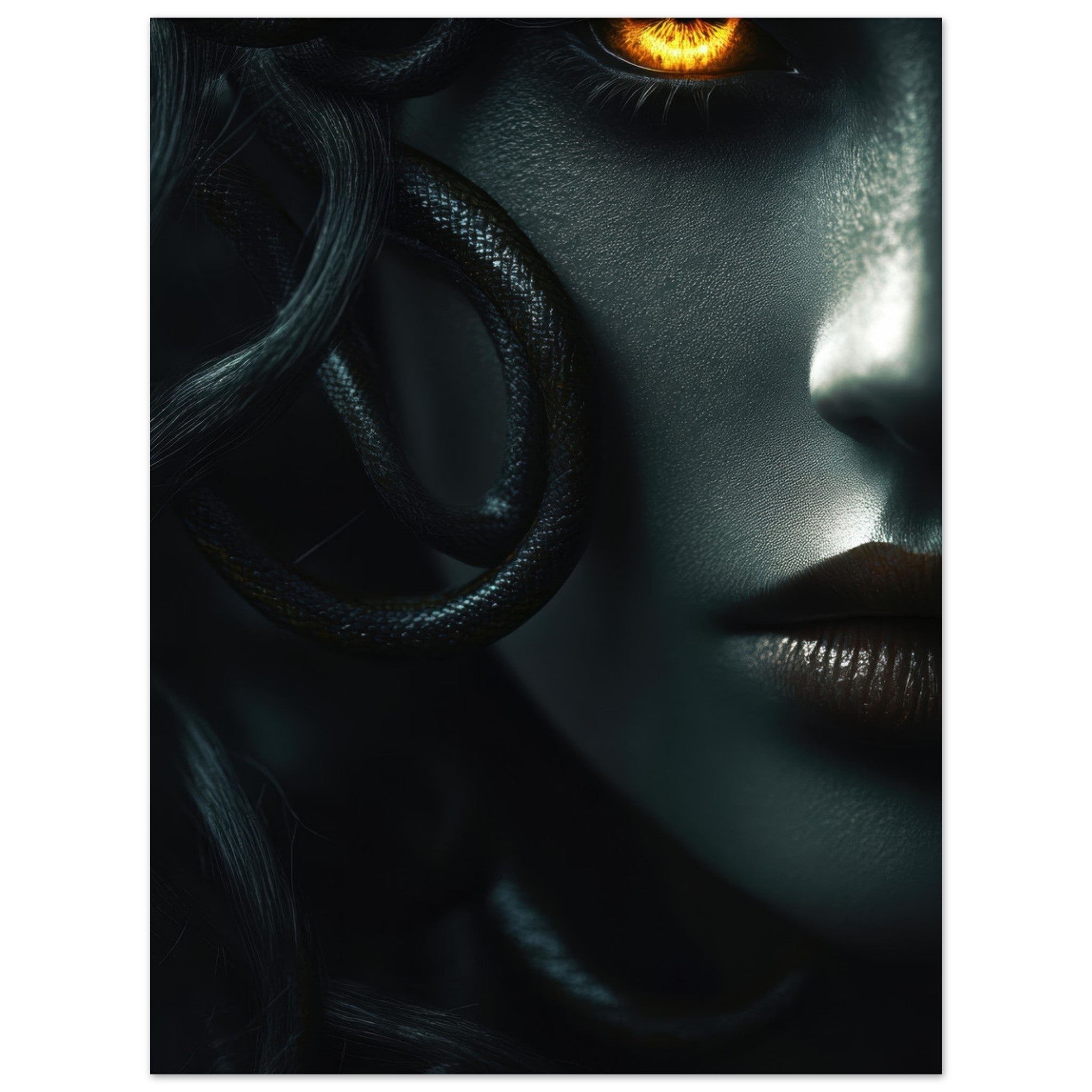Aluminum Print Portrait - Minimalist Medusas Gaze Minimalism Tight - Focus - Shop Ai Art WebShop - Digital Art online Store