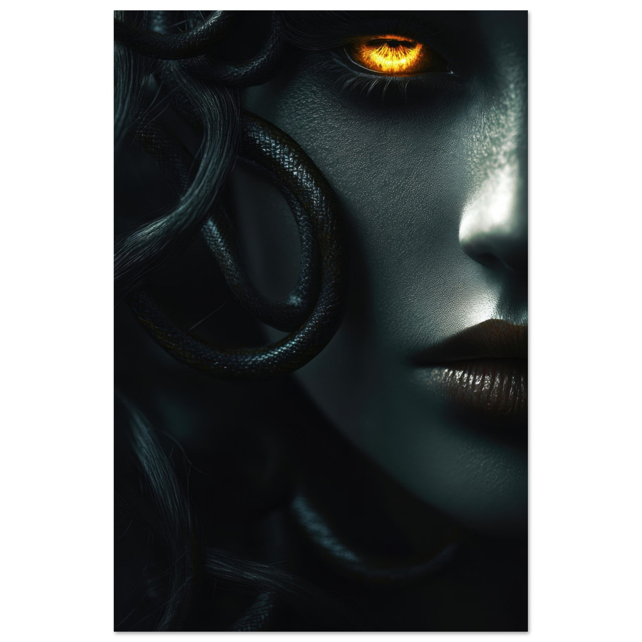 Aluminum Print Portrait - Minimalist Medusas Gaze Minimalism Tight - Focus - Shop Ai Art WebShop - Digital Art online Store