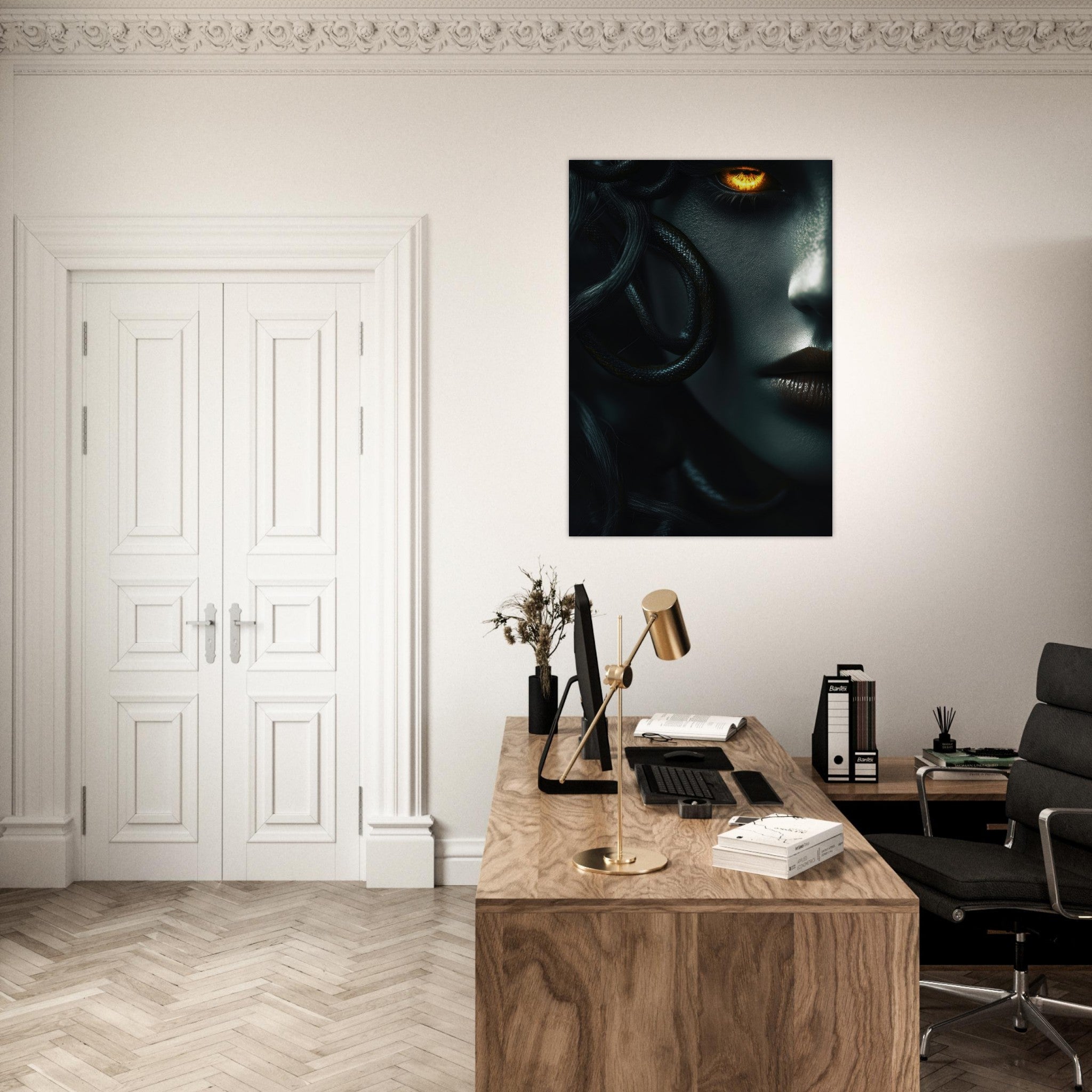 Aluminum Print Portrait - Minimalist Medusas Gaze Minimalism Tight - Focus - Shop Ai Art WebShop - Digital Art online Store