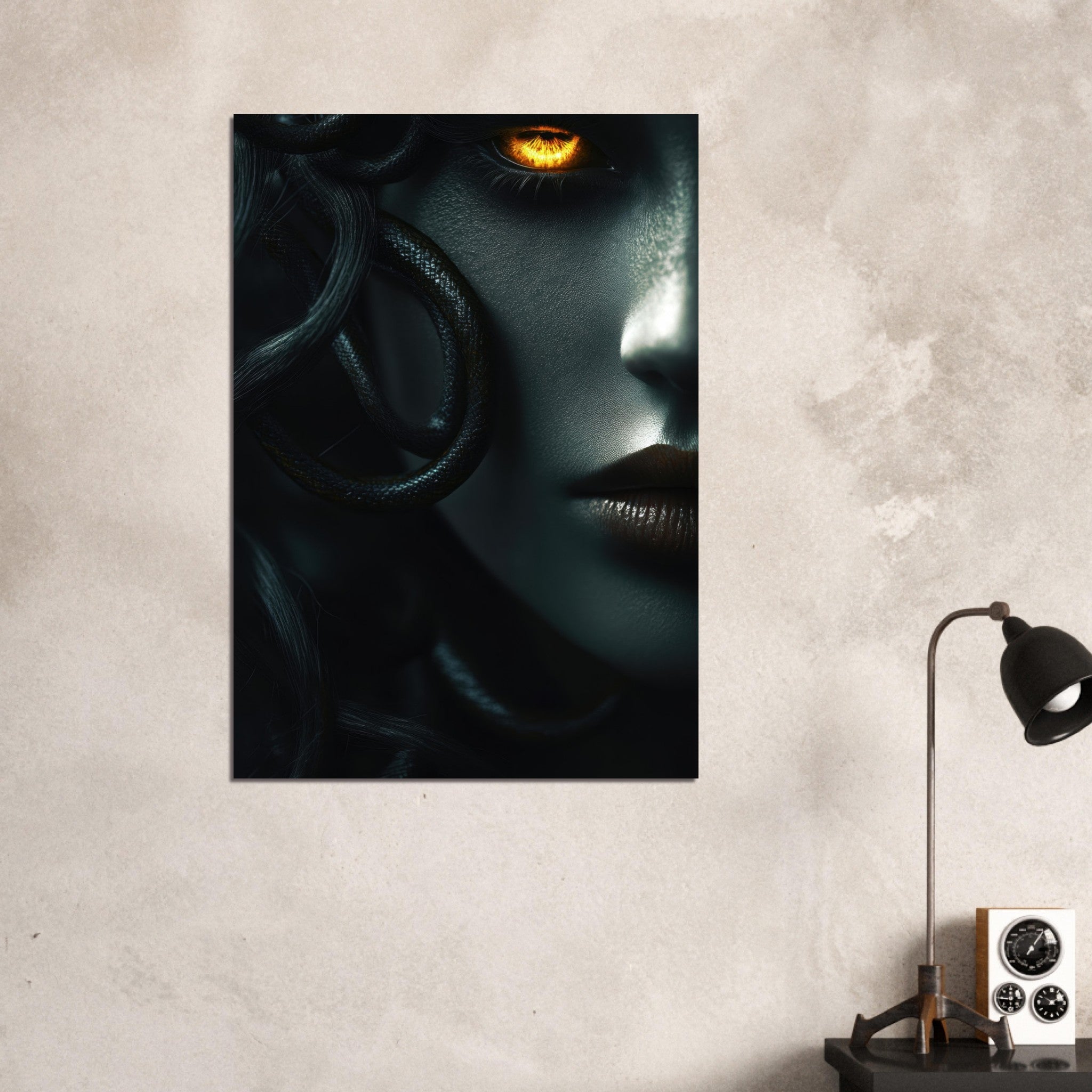 Aluminum Print Portrait - Minimalist Medusas Gaze Minimalism Tight - Focus - Shop Ai Art WebShop - Digital Art online Store