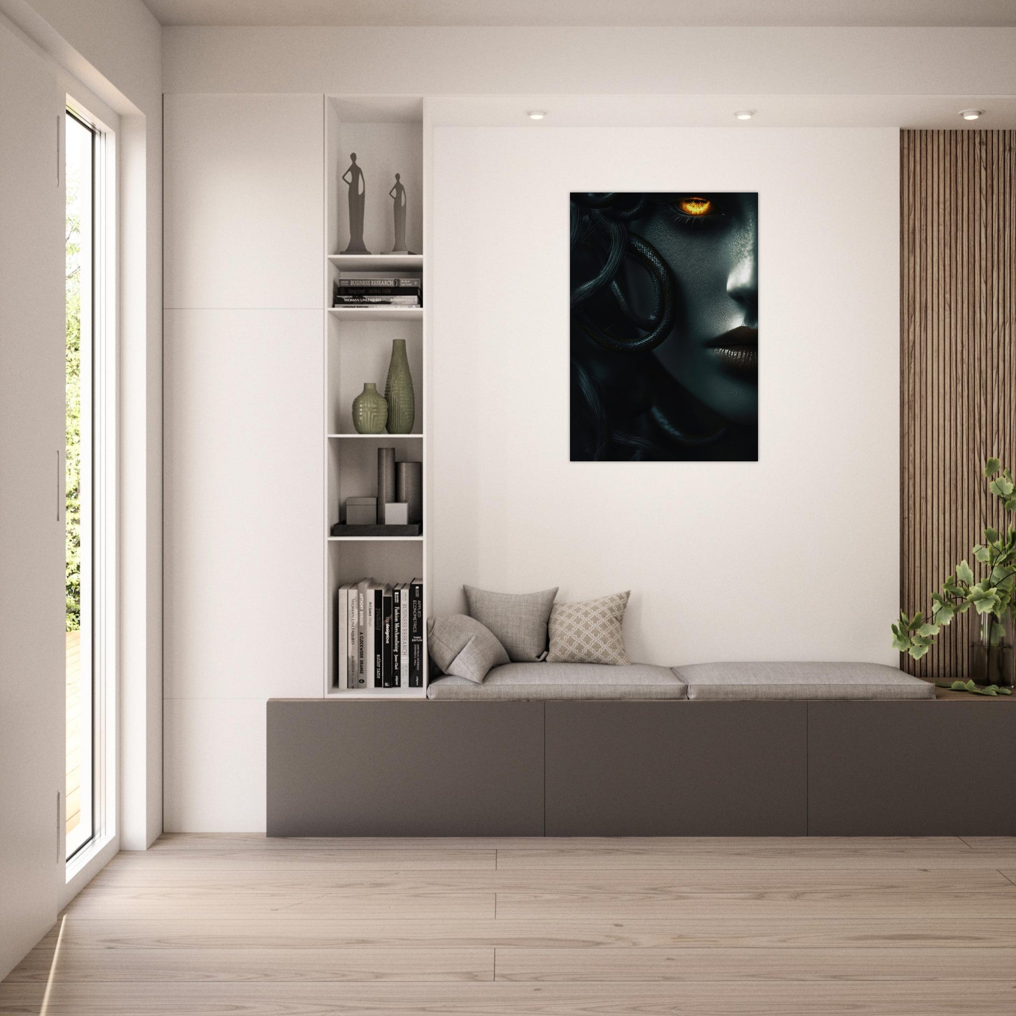 Aluminum Print Portrait - Minimalist Medusas Gaze Minimalism Tight - Focus - Shop Ai Art WebShop - Digital Art online Store