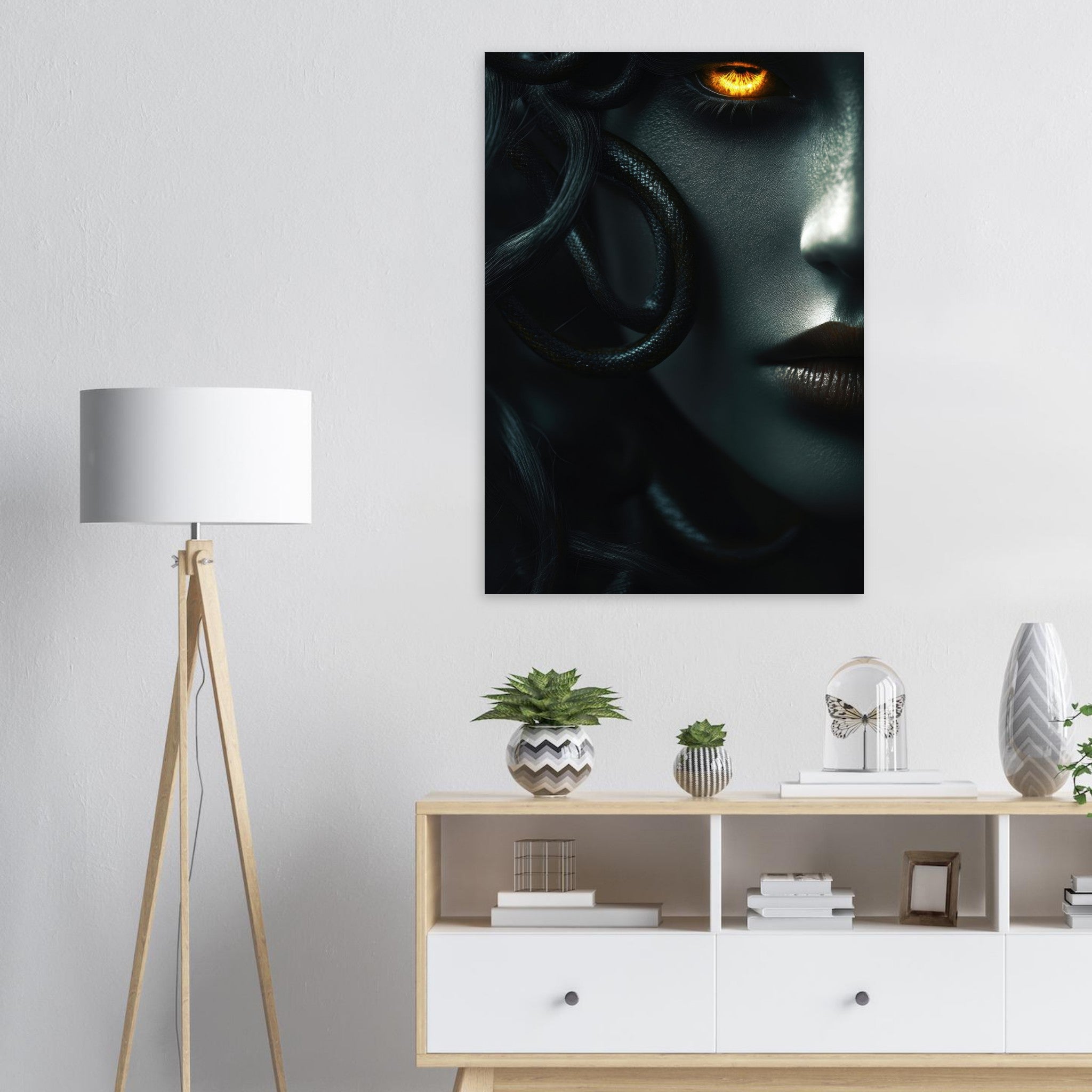 Aluminum Print Portrait - Minimalist Medusas Gaze Minimalism Tight - Focus - Shop Ai Art WebShop - Digital Art online Store