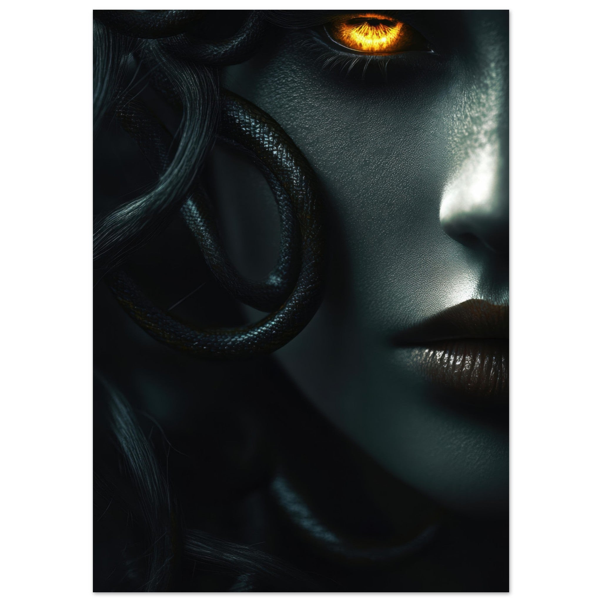 Aluminum Print Portrait - Minimalist Medusas Gaze Minimalism Tight - Focus - Shop Ai Art WebShop - Digital Art online Store